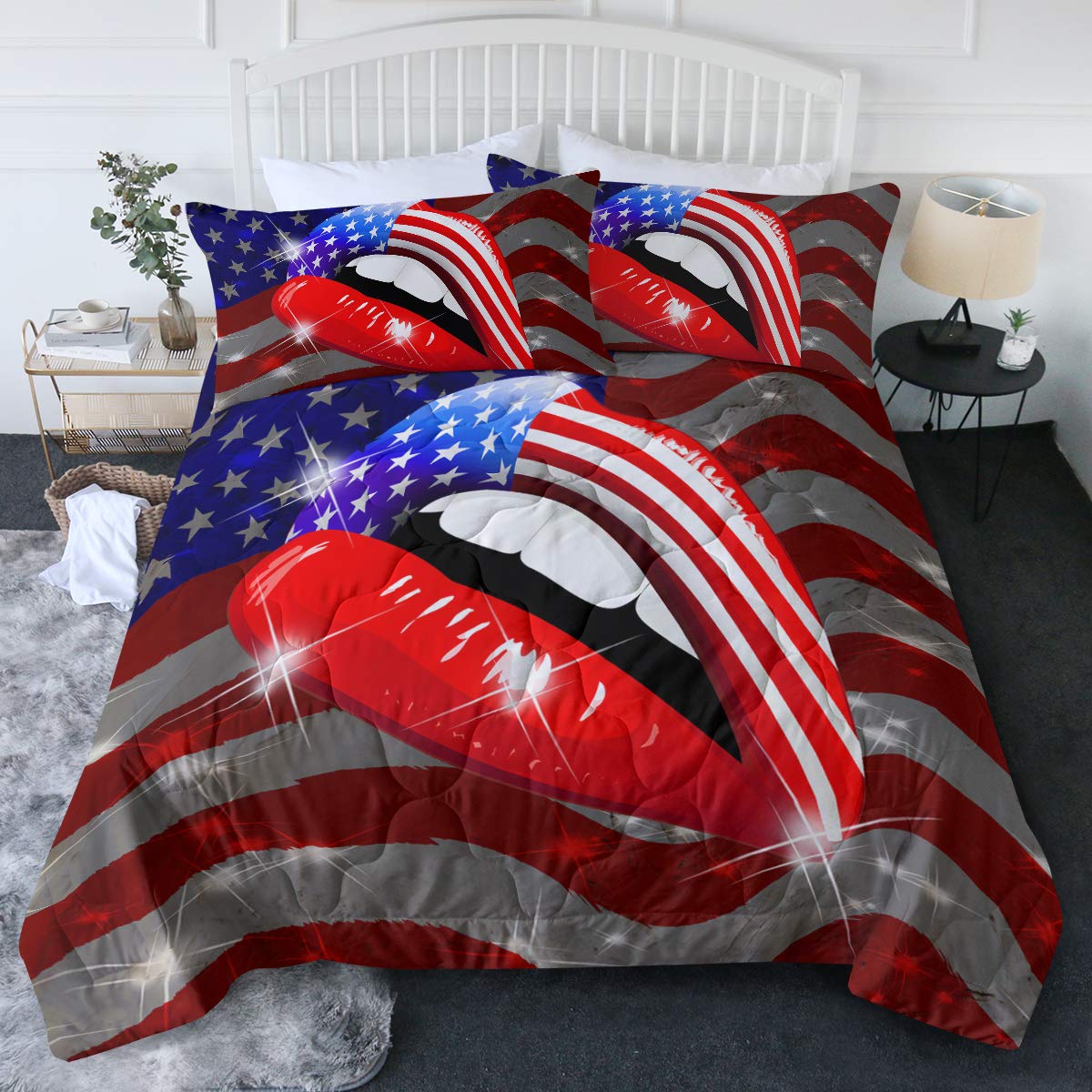 BlessLiving USA Patriotic American Flag Lipstick Comforter Set - Red White Blue Stars & Stripes 3D Reversible Bedding (3-Piece, Twin/Twin XL) | All-Season Duvet Cover for Home Decor, Guest Room & Patriotic Holidays