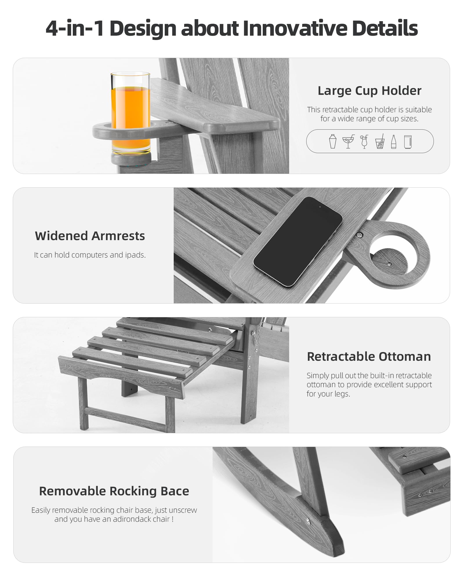 4-in-1 Folding Adirondack Rocking Chair with Ottoman - Wood Texture Patio Chair for Outdoor Relaxation in Backyard, Porch, Poolside & Garden (Grey) - Perfect for Lounging, Sunbathing & Entertaining Guests