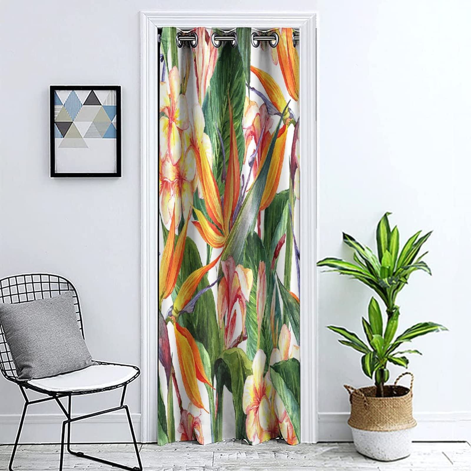 Tropical Door Curtains for Privacy - 42x80 Inch Exotic Flowers & Bird of Paradise Print Grommet Window Panel - Perfect for Kitchen, Storage Room, Bedroom & Bathroom Doorways - Adds Style & Privacy to Any Space