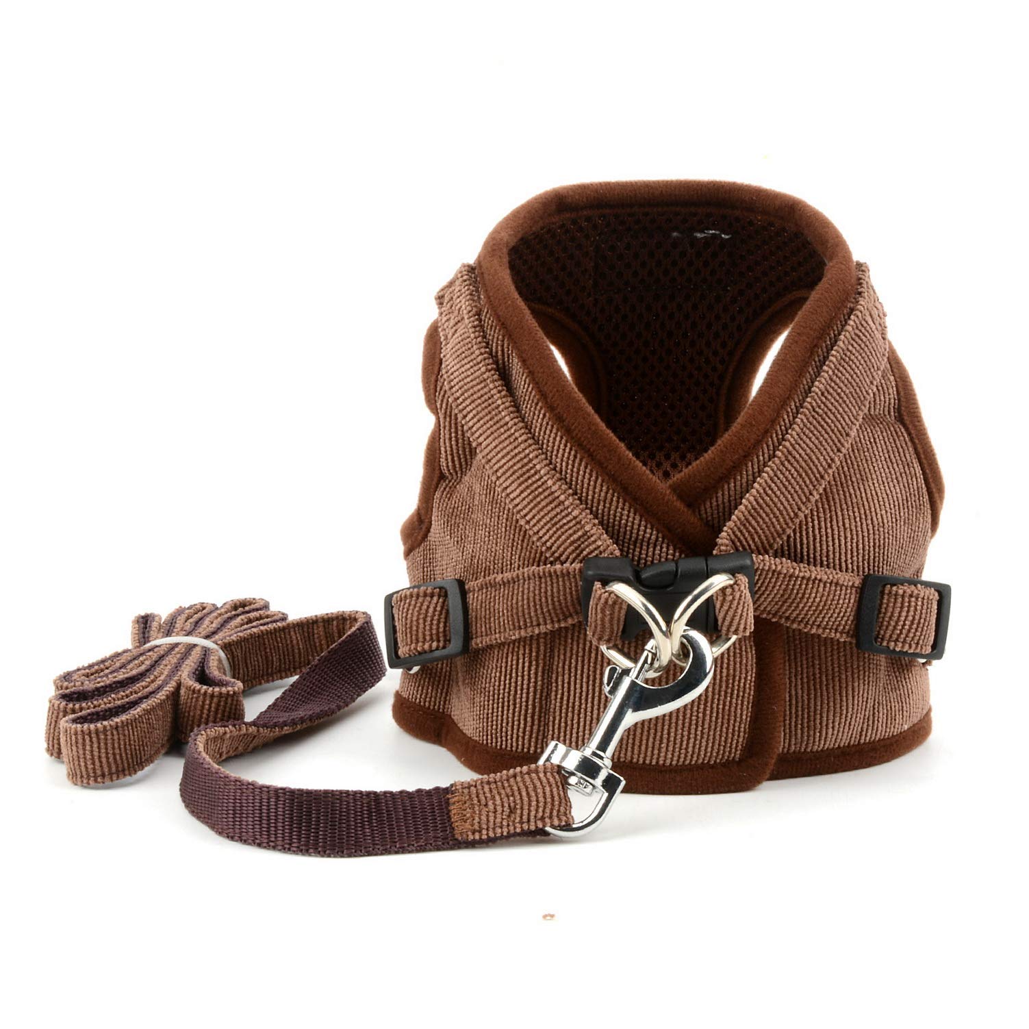 Escape-Proof Reflective Corduroy Cat Harness with Leash - Soft Mesh Padded, Adjustable No-Pull Design for Safe Walking - Step-in Dog Vest for Puppies & Kittens (Brown, Large) - Perfect for Night Walks, Outdoor Adventures & Pet Safety