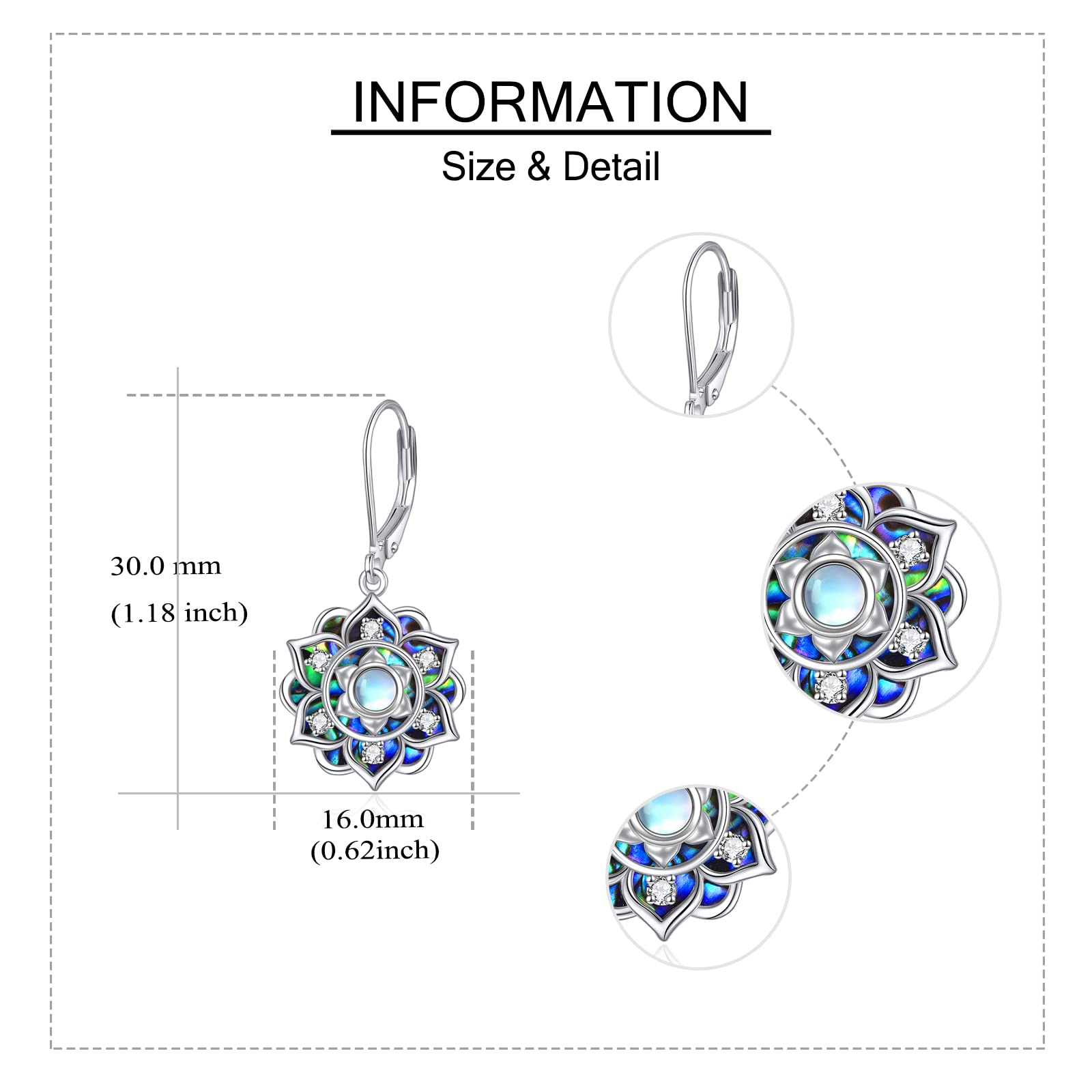 Moonstone Lotus Earrings - Sterling Silver Abalone Shell Lotus Flower Dangle Drop Earrings for Women | Yoga Jewelry, Mother's Day Gift for Mom | Perfect for Meditation, Boho Fashion & Special Occasions