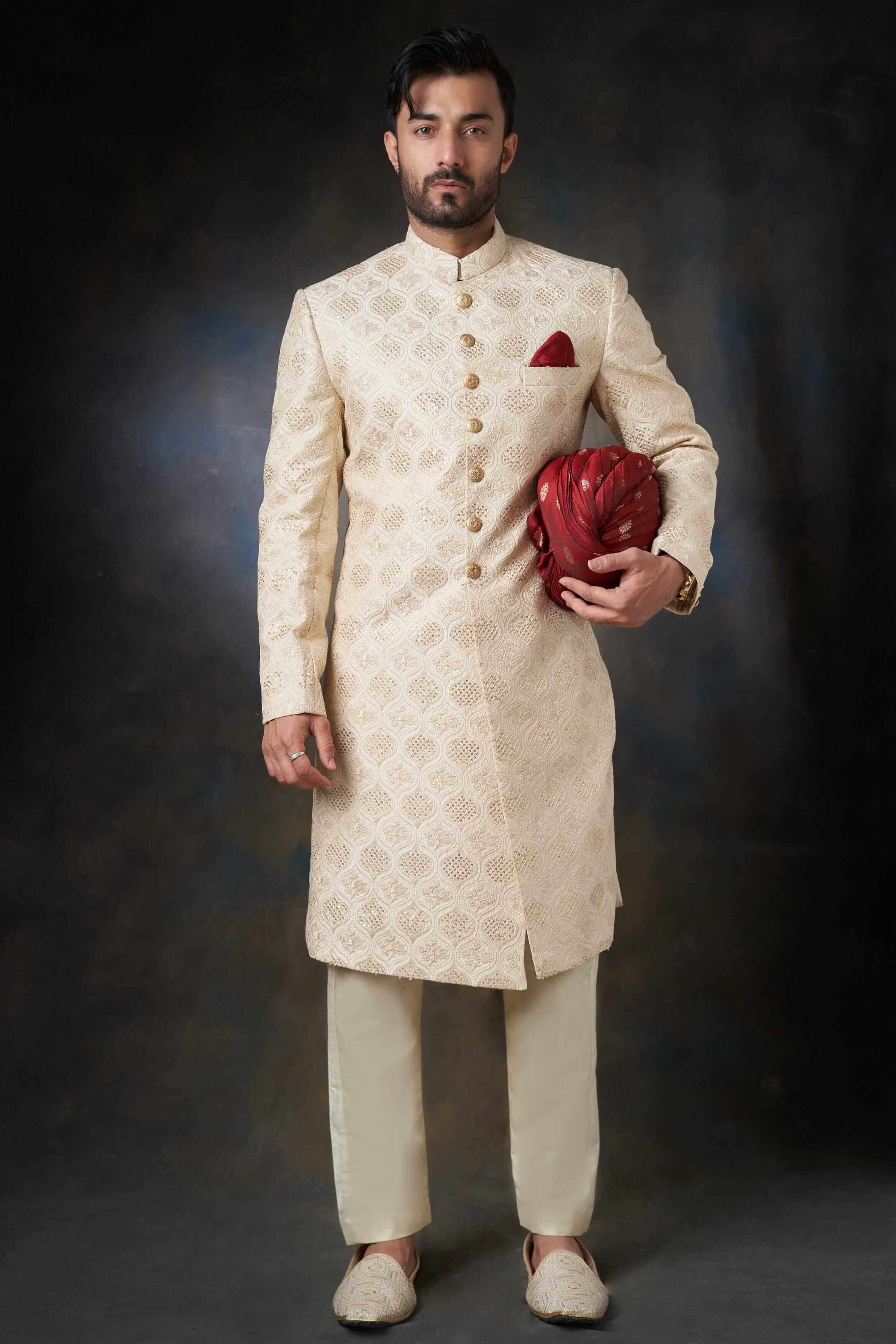 Elegant Fawn & Gold Raw Silk Sherwani with Sequins | Men's Traditional Indian Wedding Attire | Perfect for Weddings, Festivals & Special Occasions