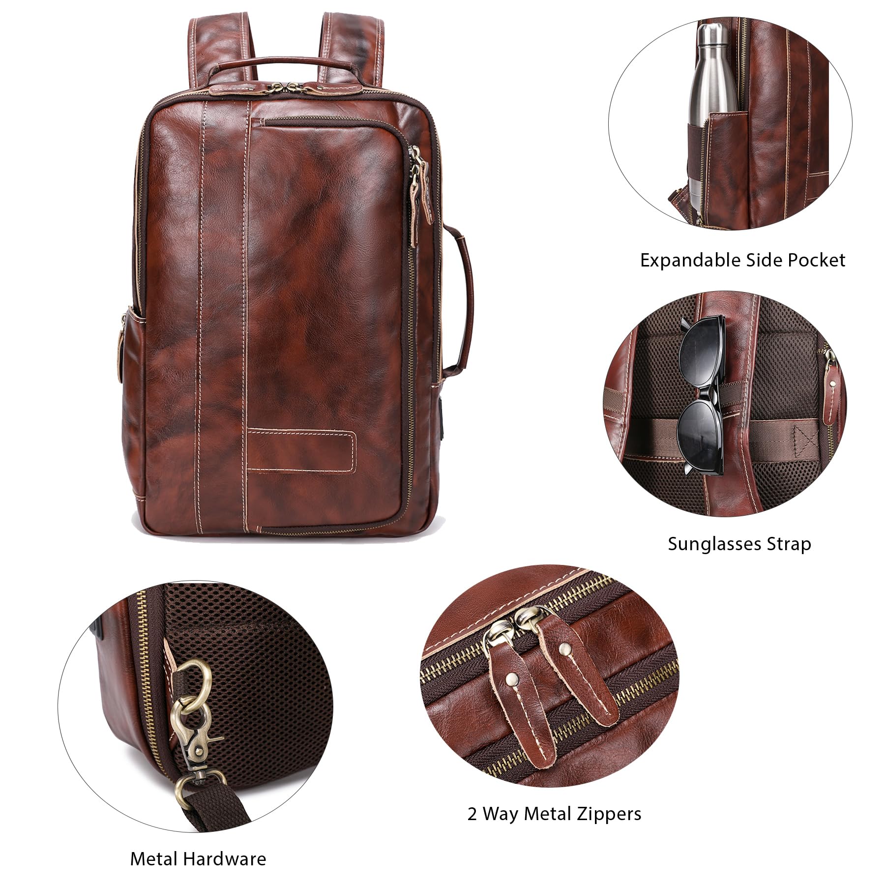 Premium Vegetable Tanned Leather Backpack for Men - Expandable 15.6 Inch Laptop Travel Bag, Durable Shoulder Rucksack for Work, College & Outdoor Adventures
