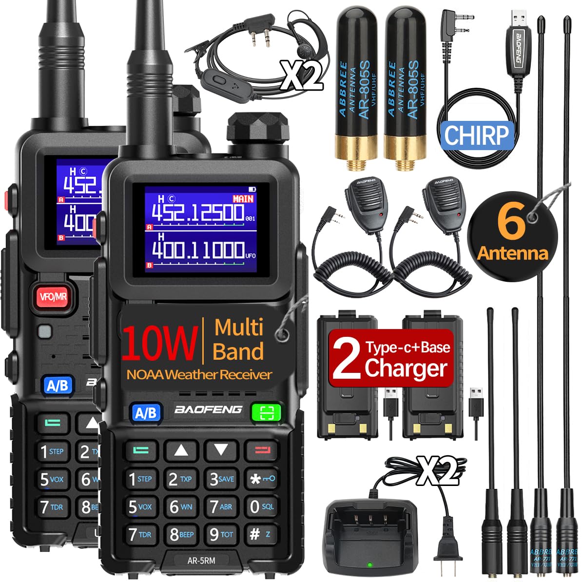 BAOFENG 5RM 10W Long Range Ham Radio Handheld NOAA Weather Receiver with 2500mAh Rechargeable Battery, Programming Cable, Speaker Mic & Type-C Charging - 2 Pack Walkie Talkies for Outdoor Adventures, Emergency Communication, and Group Activities
