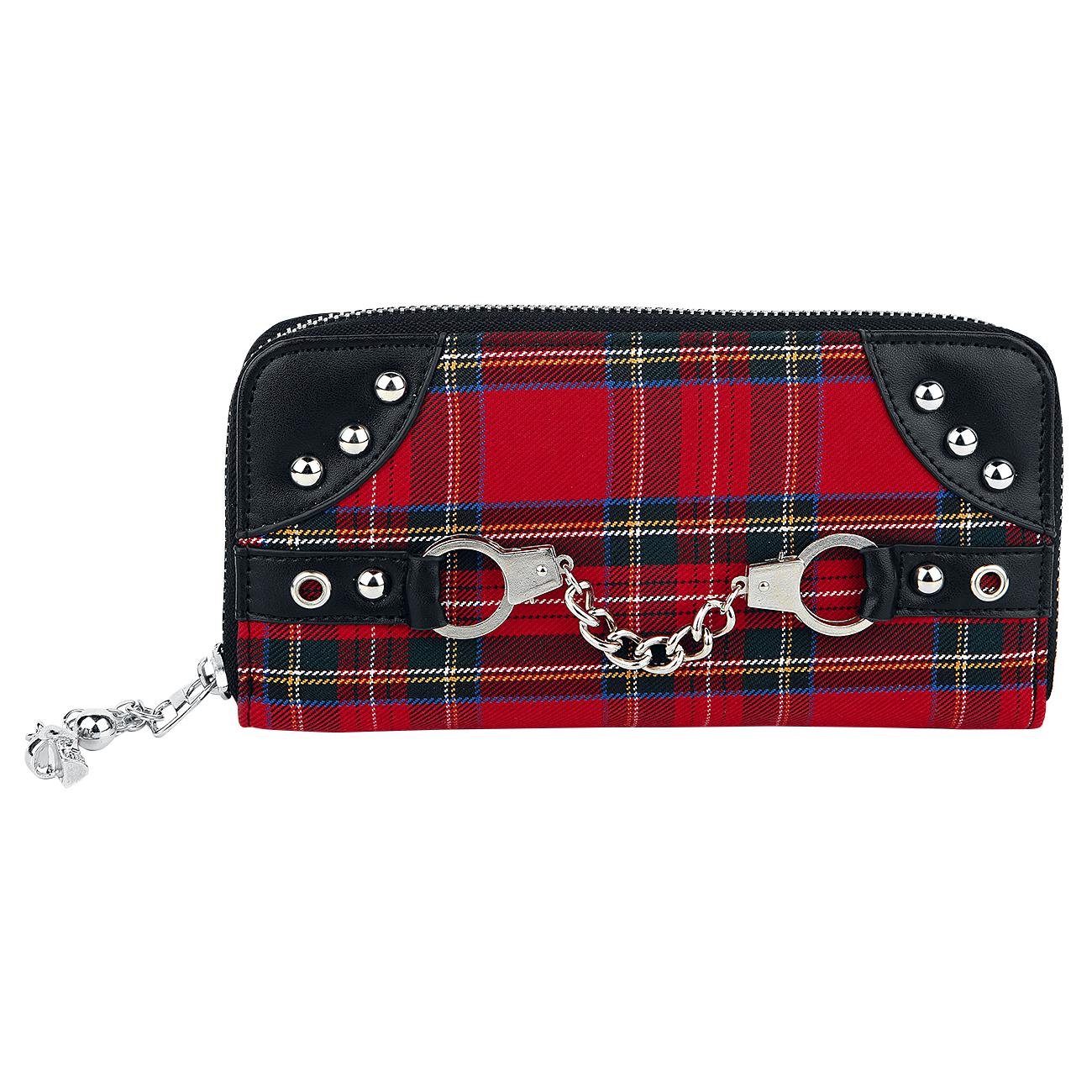 Lost Queen Red Tartan Plaid Punk Wallet with Skull Charm & Handcuff Design - Zip Around Clutch for Gothic Fashion, Rock Concerts & Alternative Lifestyle