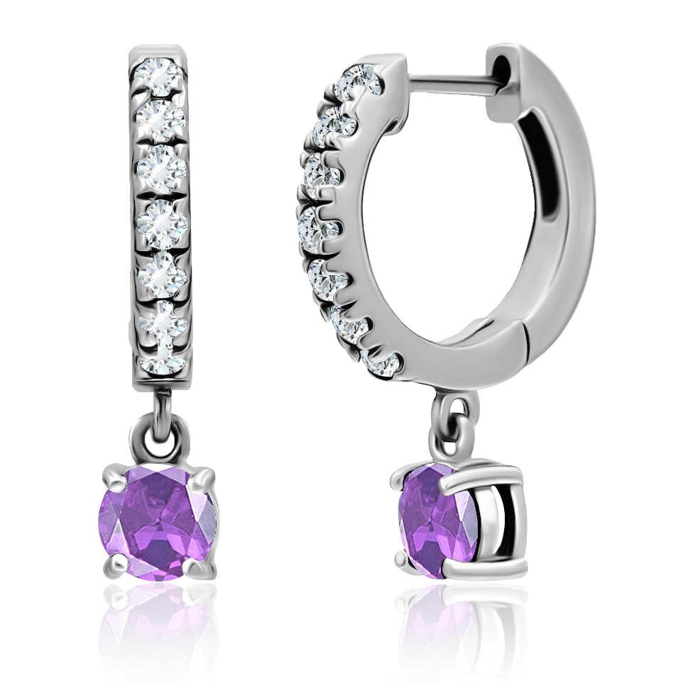 Sea of Ice 925 Sterling Silver Gemstone Birthstone Dangle Huggie Hoop Earrings for Women – 15mm White CZ Mini Hoops – Lightweight Comfortable Everyday Jewelry – Perfect for Gifts, Office Wear & Special Occasions