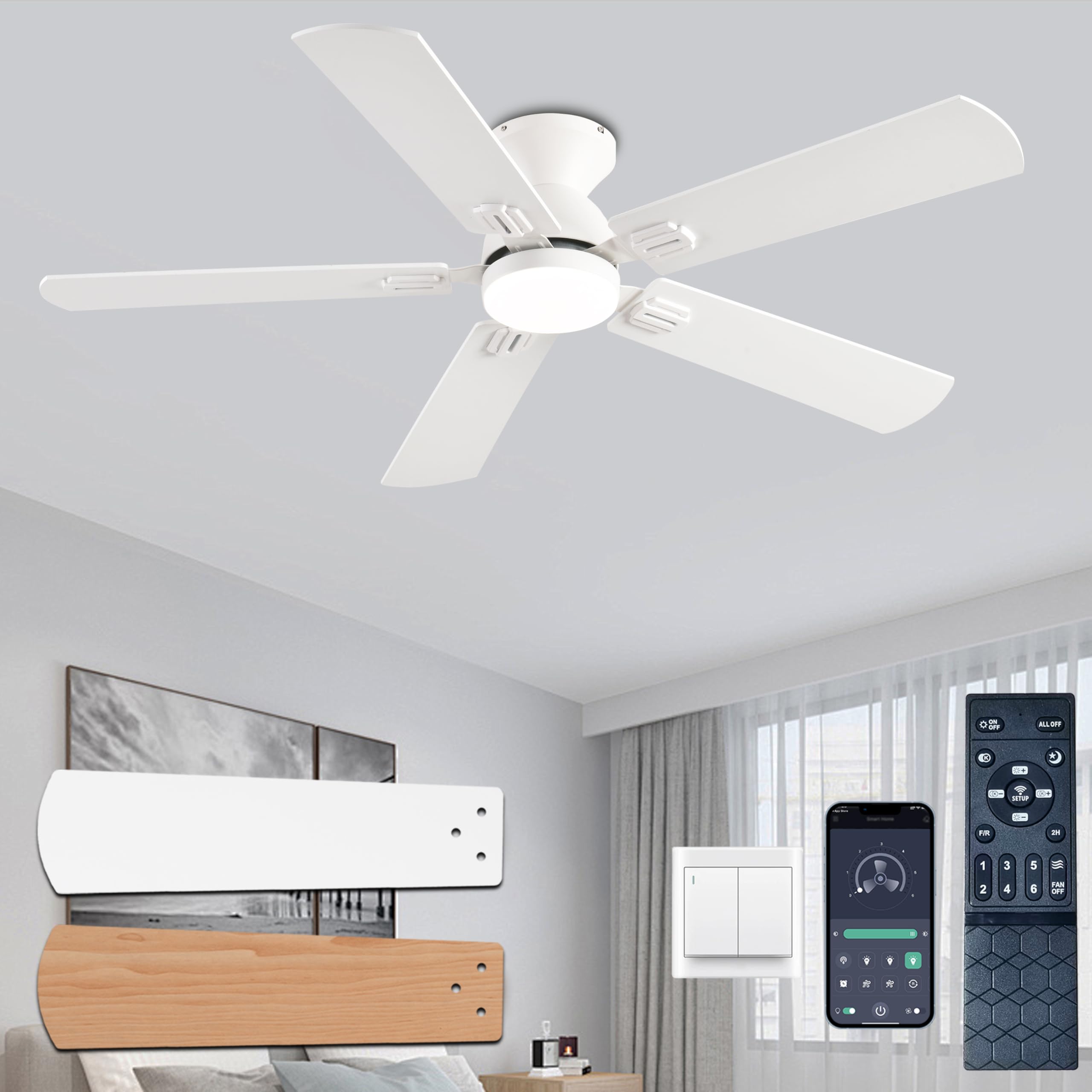 52 Inch White Low Profile Ceiling Fan with Lights, Remote Control & Smart App - Dual-Sided Blades, 3CCT Dimmable LED, Ultra Quiet Flush Mount - Perfect for Bedroom, Living Room, Patio and Indoor/Outdoor Spaces