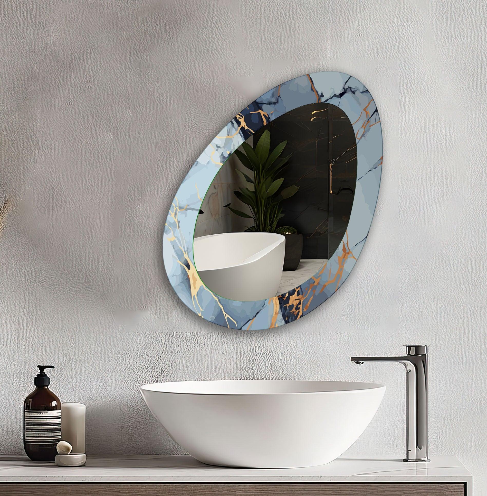 Blue Abstract Mirror - Asymmetrical Small Wall Mirror for Living Room, Bedroom & Bathroom Decor