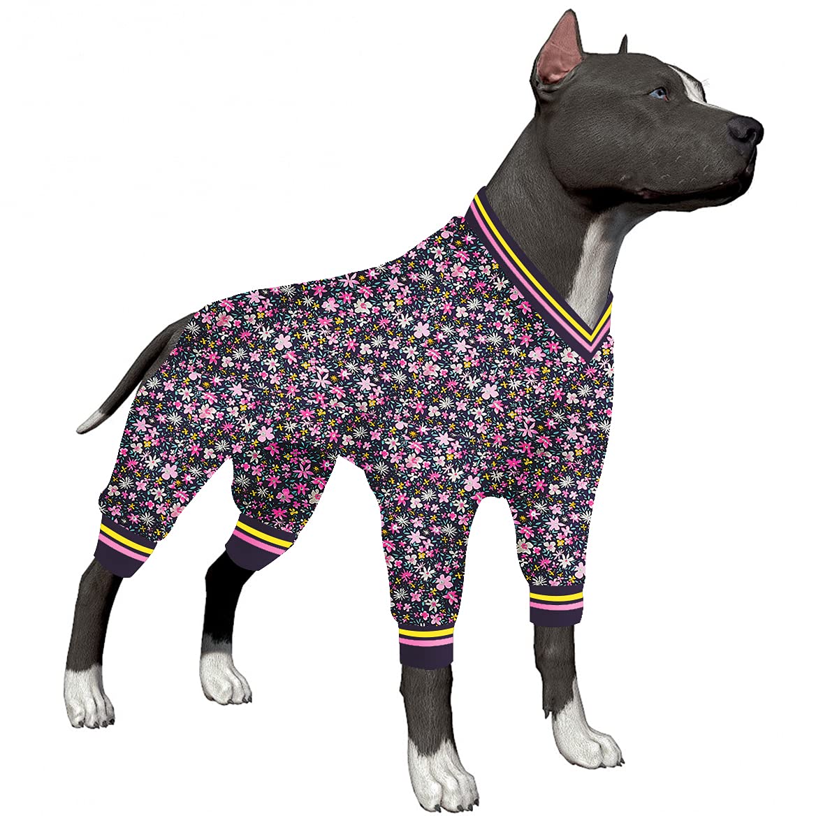 LovinPet Large Dog Bodysuit - Anxiety Relief & Post-Surgery Recovery Suit for Dogs | Soft Anti-Licking Dog Pajamas with Brushstroke Floral Print (White/Hot Pink) | Perfect for Calming Pets, Wound Protection & Cozy Home Wear