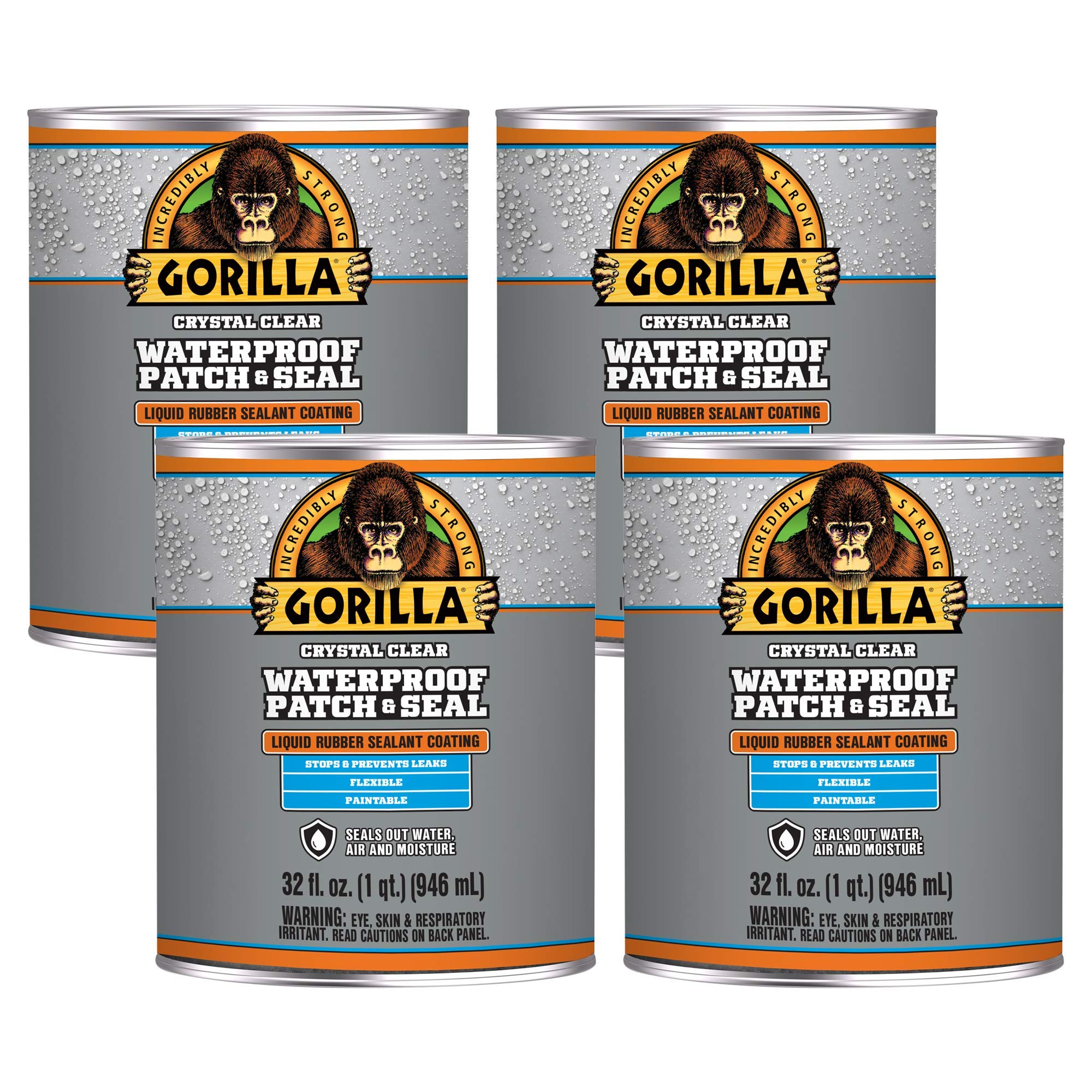 Gorilla Waterproof Patch & Seal Liquid Rubber Sealant - Crystal Clear, 32oz (4-Pack Bulk) - Ideal for Roof Repairs, Plumbing Leaks, Gutters & DIY Home Projects