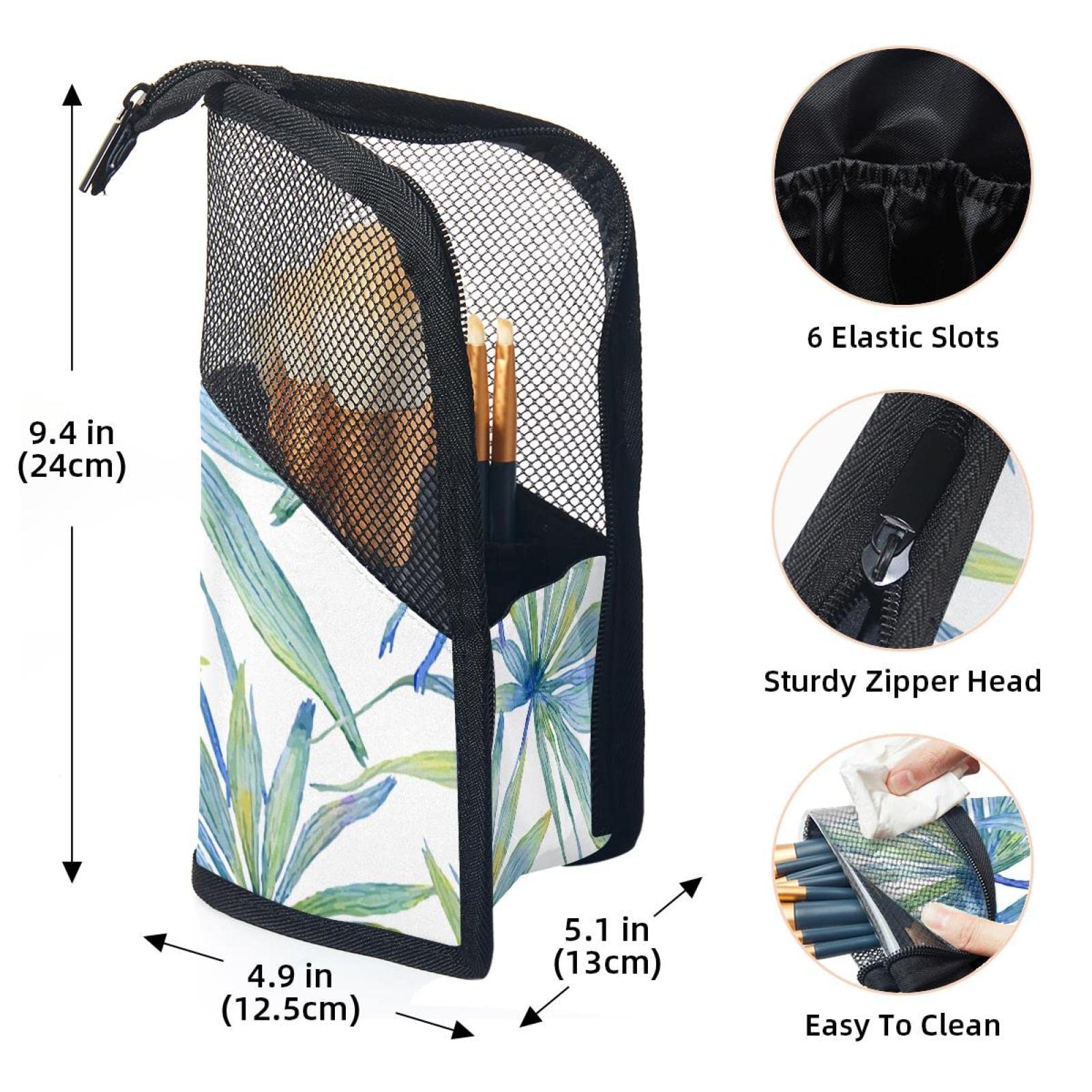 12-Piece Makeup Brush Organizer Bag with Watercolor Palm Leaves Design - Portable Travel Cosmetic Brush Holder Case for Home, Salon & On-The-Go Use