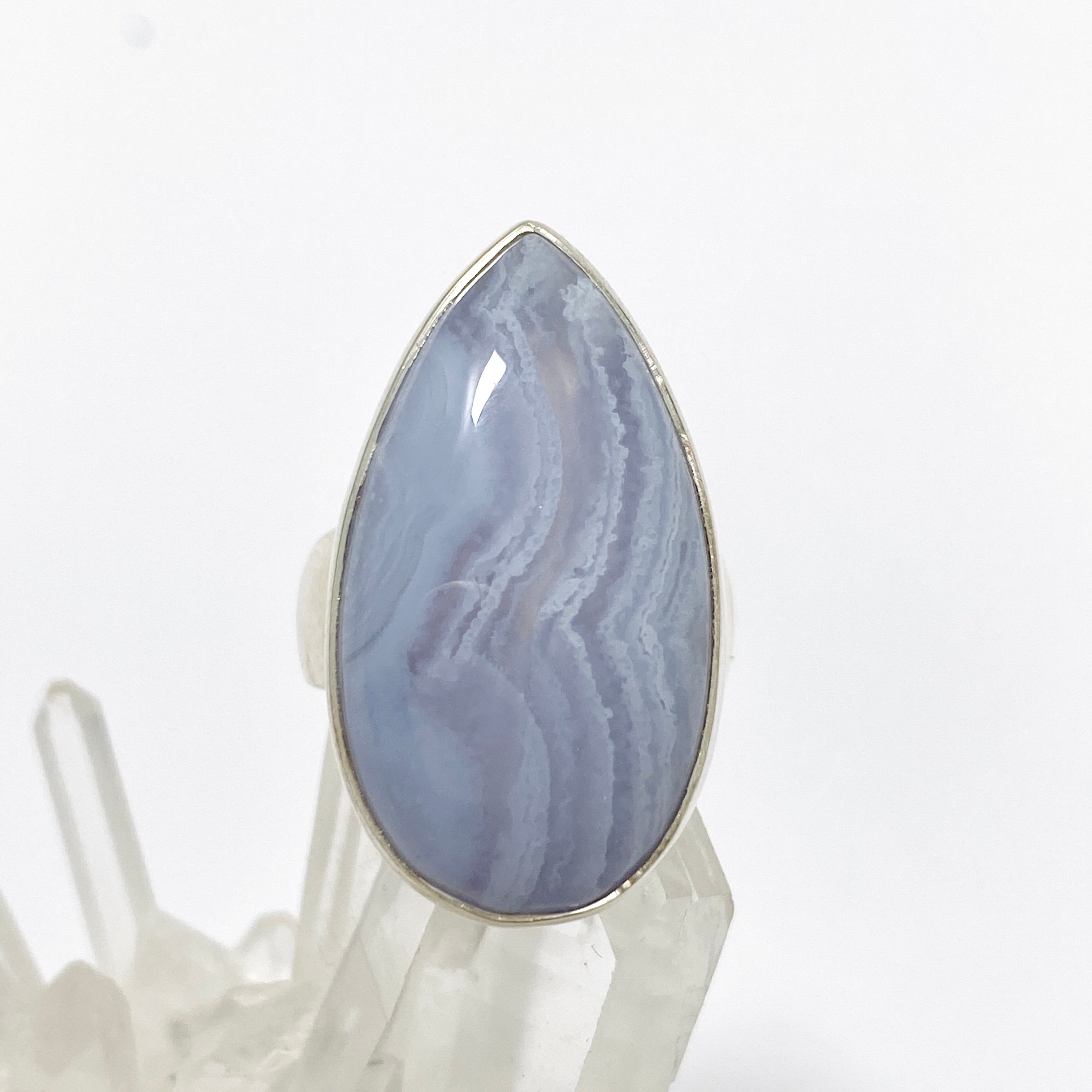 Blue Lace Agate Teardrop Cabochon Ring - Size 7 - Handmade Sterling Silver Jewelry - Perfect for Boho Fashion & Gift Giving