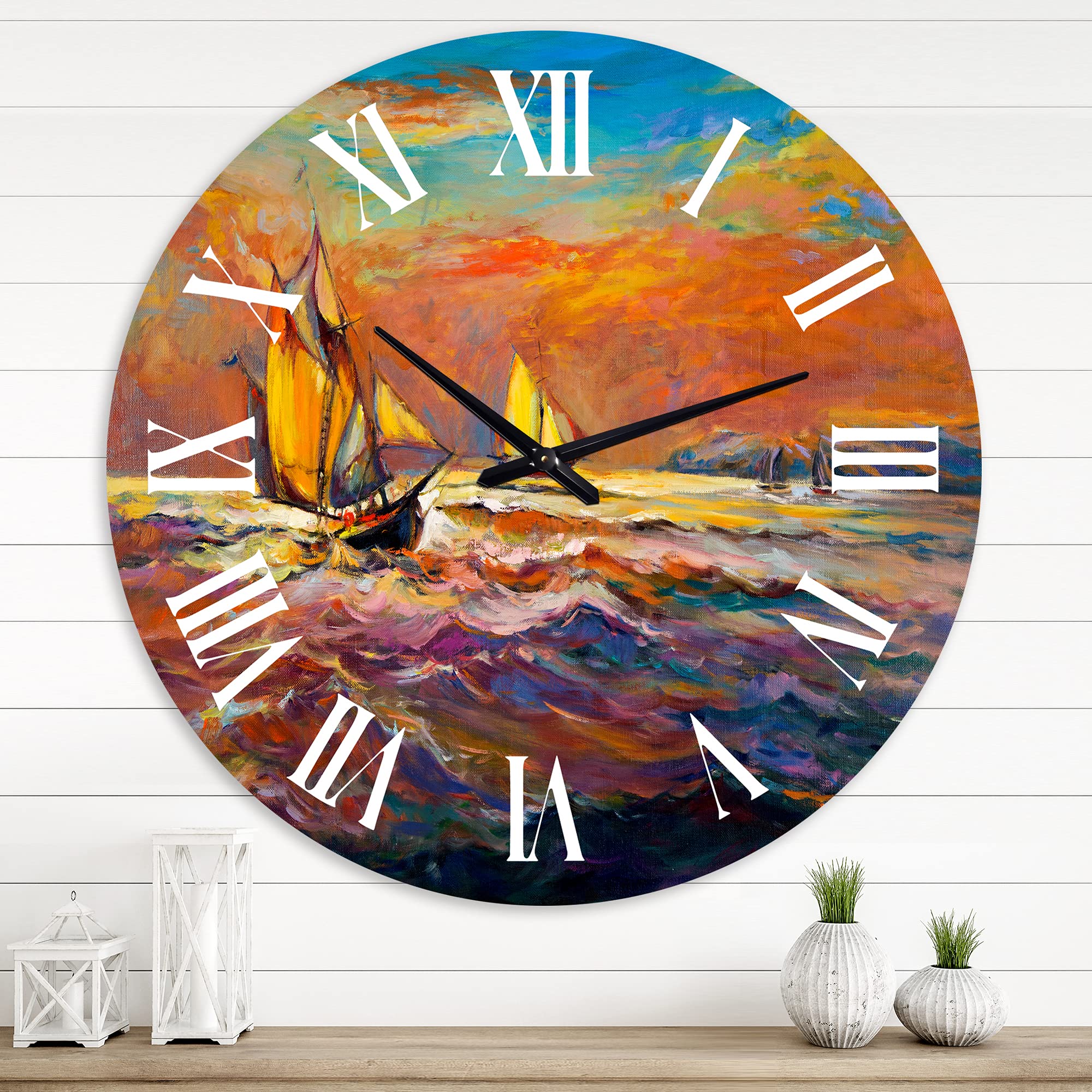 DesignQ Nautical Coastal Wall Clock - Sailing Ships at Sunset, Orange Round Decorative Clock for Bedroom, Living Room & Office | Perfect for Beach House Decor & Coastal Theme Interiors