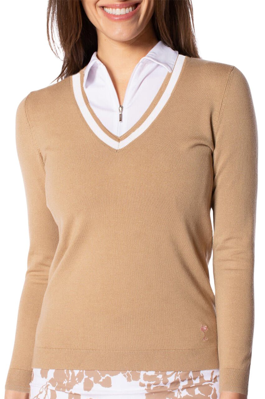 Camel & White Stretch V-Neck Sweater for Women - Soft Comfortable Pullover for Fall & Winter - Perfect for Casual Wear, Office & Date Nights