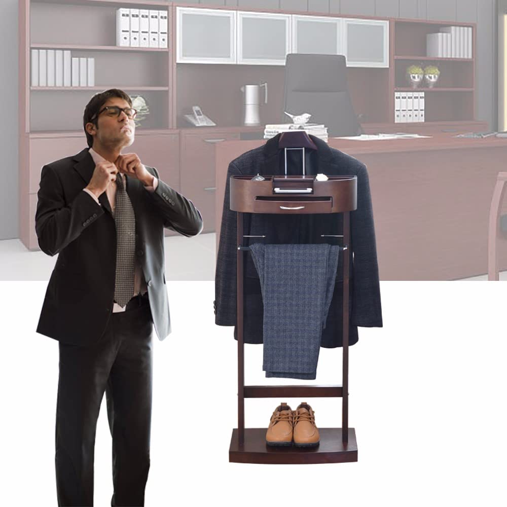 Men's Freestanding Suit Valet Stand with Base - Walnut Color | Perfect for Bedroom, Closet & Dressing Room Organization