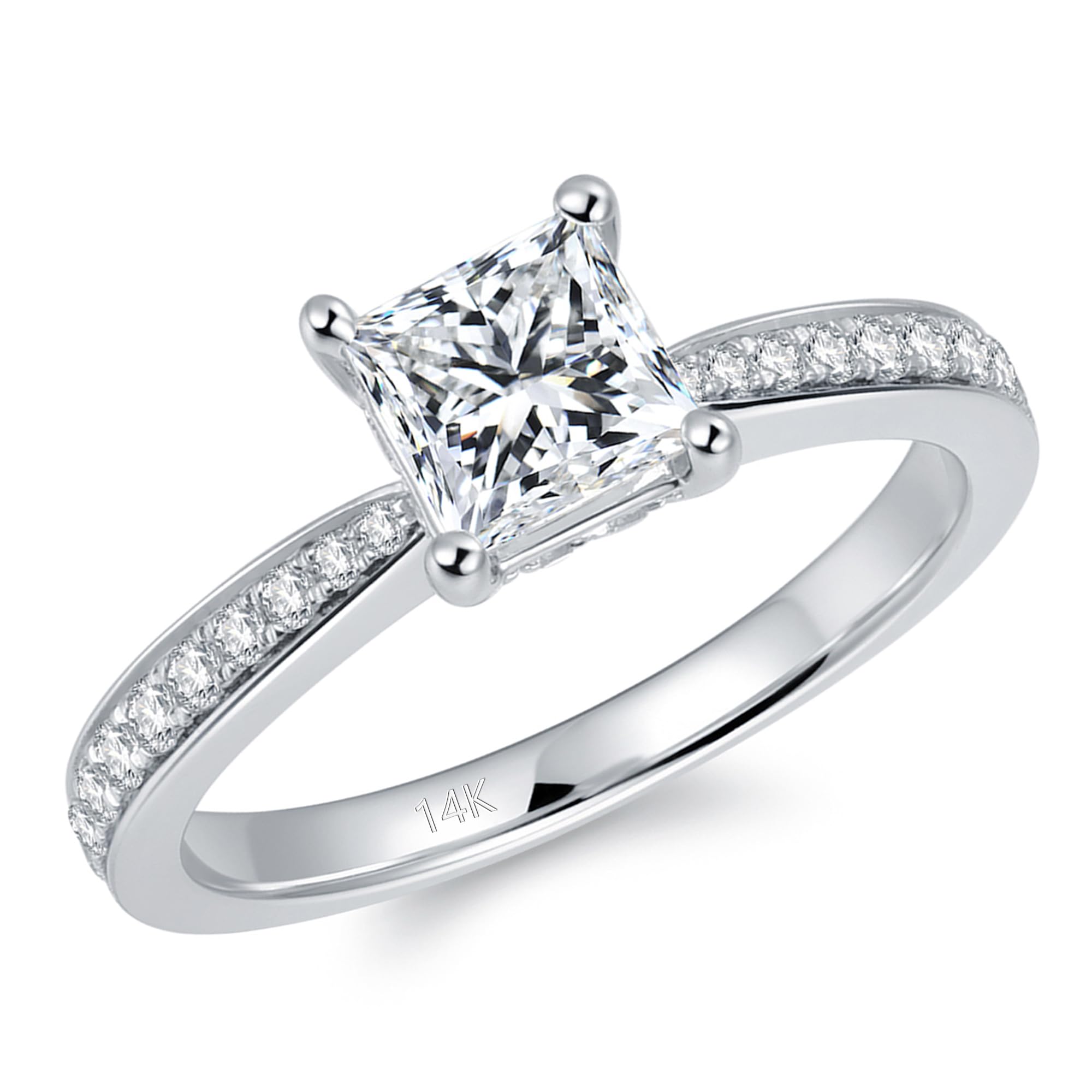 14K Moissanite Engagement Ring - 1 Carat Princess Cut Solitaire Ring for Women in 14K White Gold | Wedding, Proposal, Anniversary Gift Idea