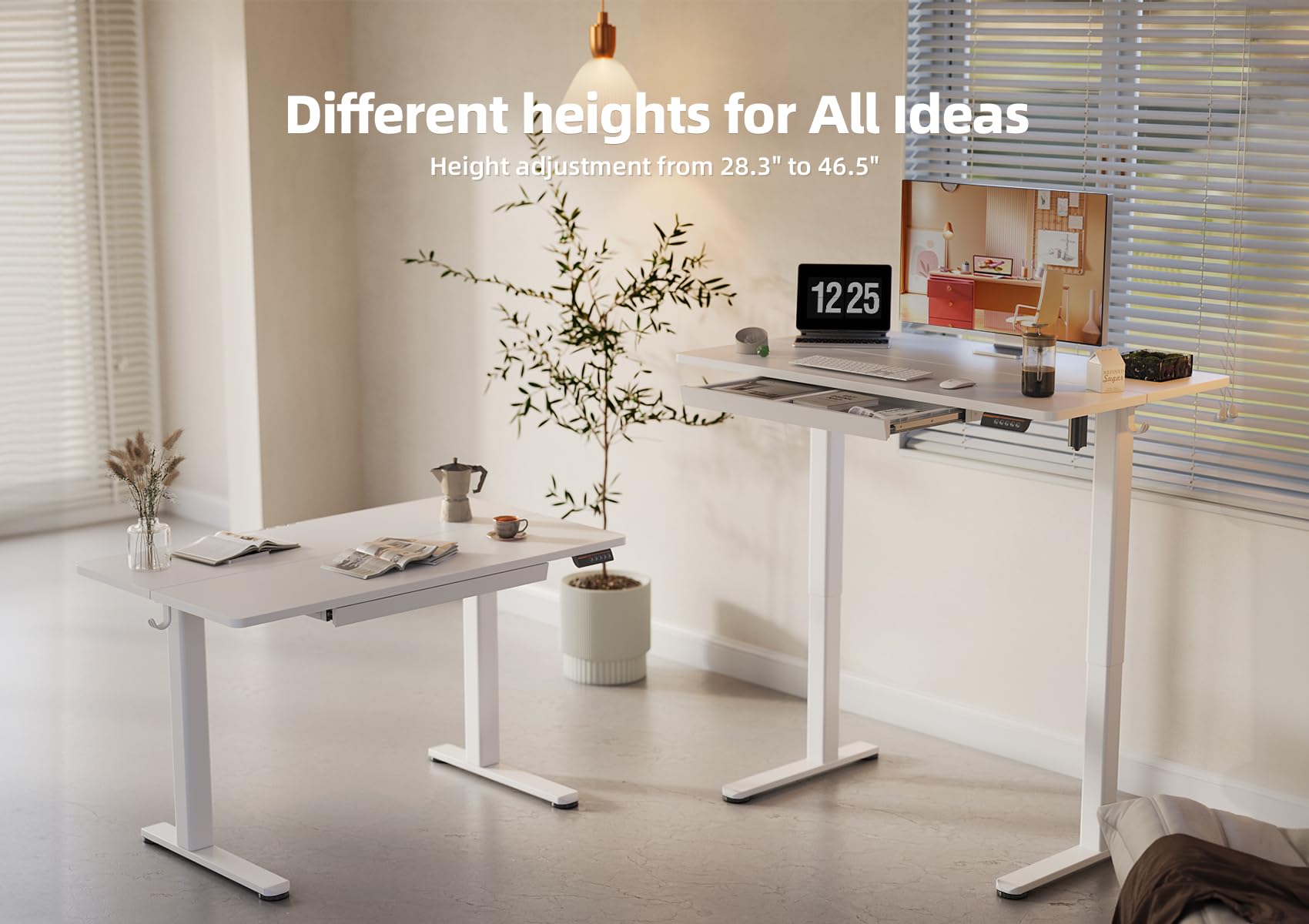 YDN 48 x 24 Inch White Electric Standing Desk with Drawers - Adjustable Height Computer Workstation for Home & Office - Ergonomic Sit Stand Desk for Working, Gaming & Studying