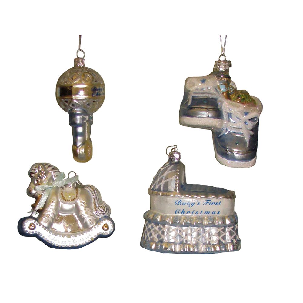 Kurt Adler Noble Gems Glass Baby Boy Christmas Ornament Set - 4 Piece Holiday Tree Decor for Newborns, Christening & First Christmas Celebrations