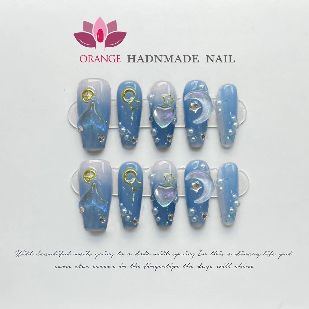 **Luxury Handmade Blue Press On Nails – Medium Coffin Fake Nails with Charms Design, Full Cover Wearable Nail Art (XS/S/M/L) – Perfect for Parties, Weddings & Special Occasions**