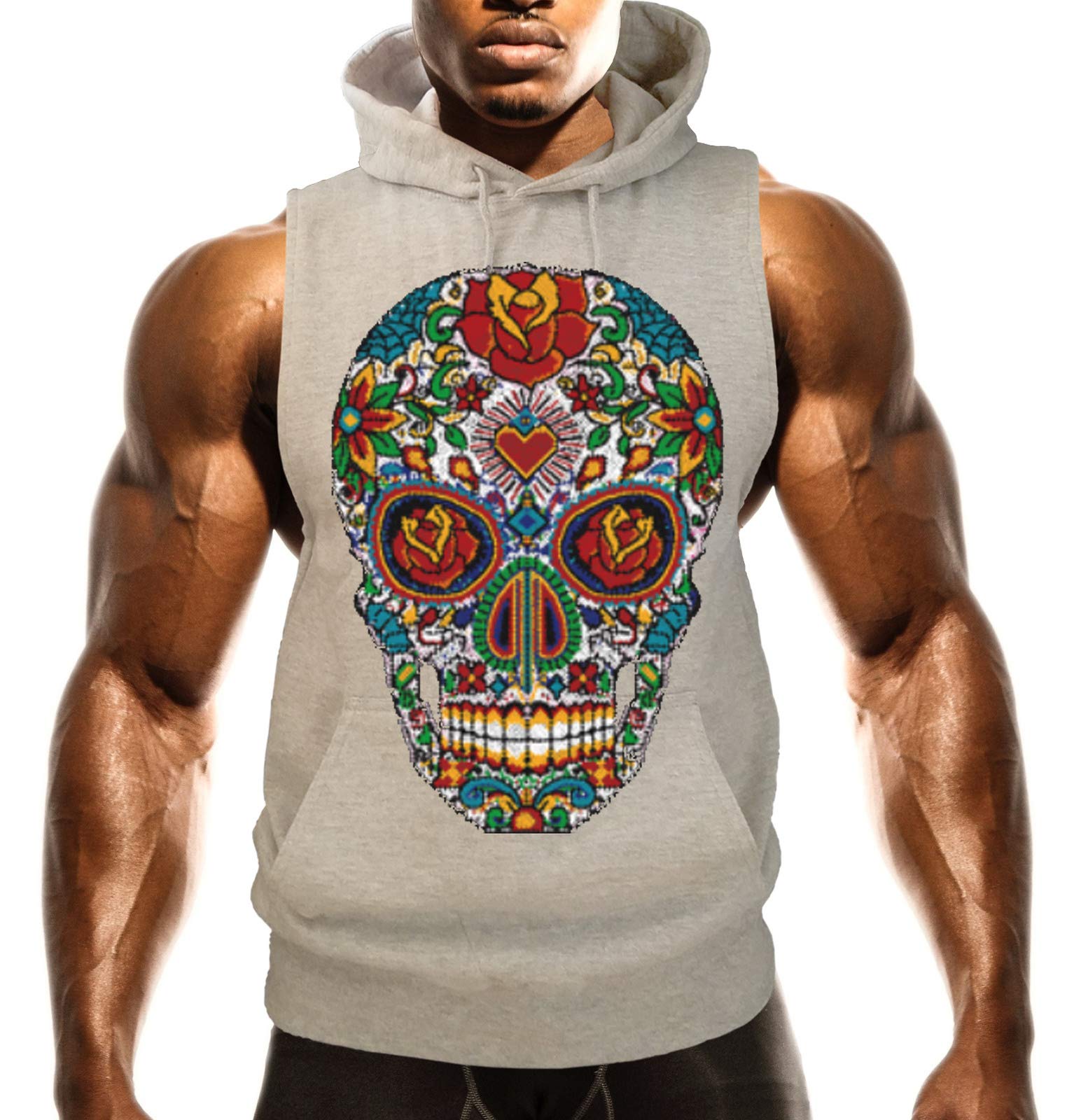 Men's Mosaic Rose Sugar Skull Print Gray Sleeveless Hoodie Vest - Gothic Streetwear for Concerts & Halloween Costumes
