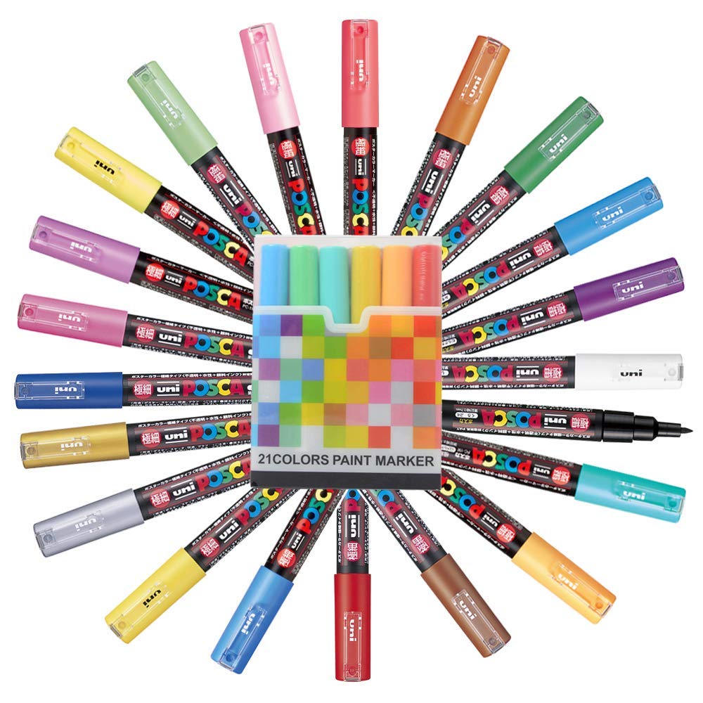 POSCA Uni Paint Marker Pen Set - 74 Vibrant Colors (PC-5M Medium, PC-3M Fine, PC-1M Extra Fine Points) with Original Plastic Case - Perfect for Artists, DIY Projects, Sketching & Crafting