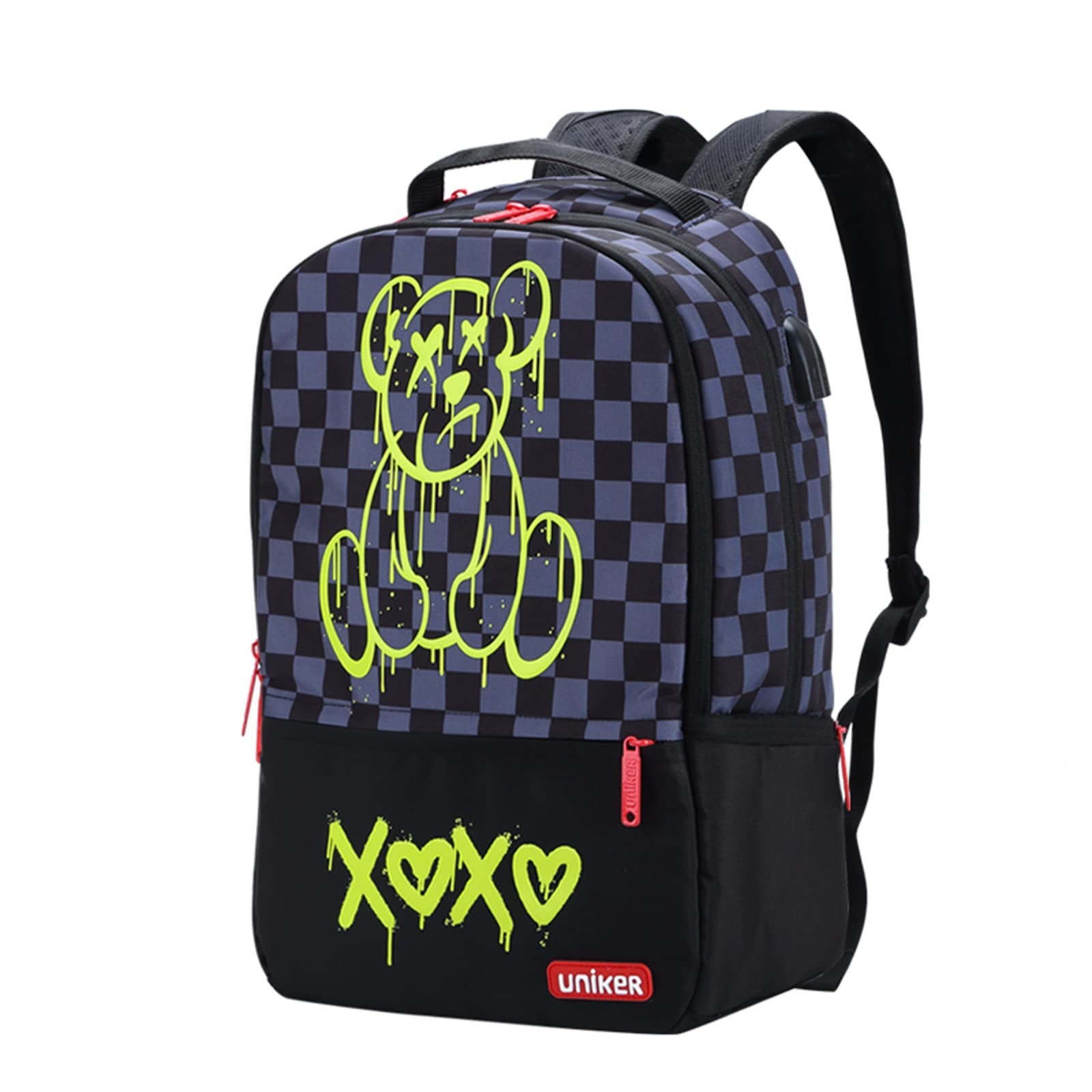 UNIKER Anti-Theft USB Charging Laptop Backpack for Men & Women - 15.6 Inch Waterproof Graffiti School Backpack with USB Port - Stylish Work & College Backpack (Black Bear Design) - Perfect for Office, Travel & Daily Commute