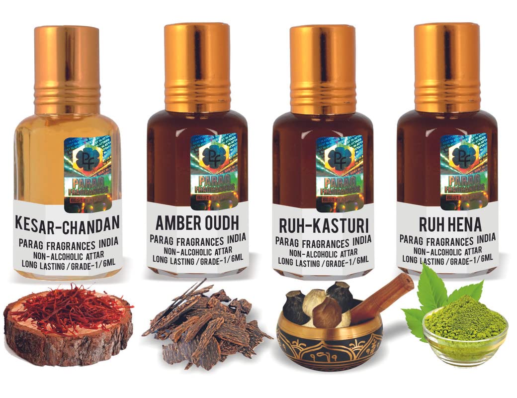 Parag Fragrances 4-in-1 Natural Attar Perfume Oil Set - Kesar Chandan, Amber Oud, Ruh Kasturi, Ruh Hena - Long Lasting & Real Scent Combo (Limited Stock) - Perfect for Daily Wear, Gifting & Aromatherapy