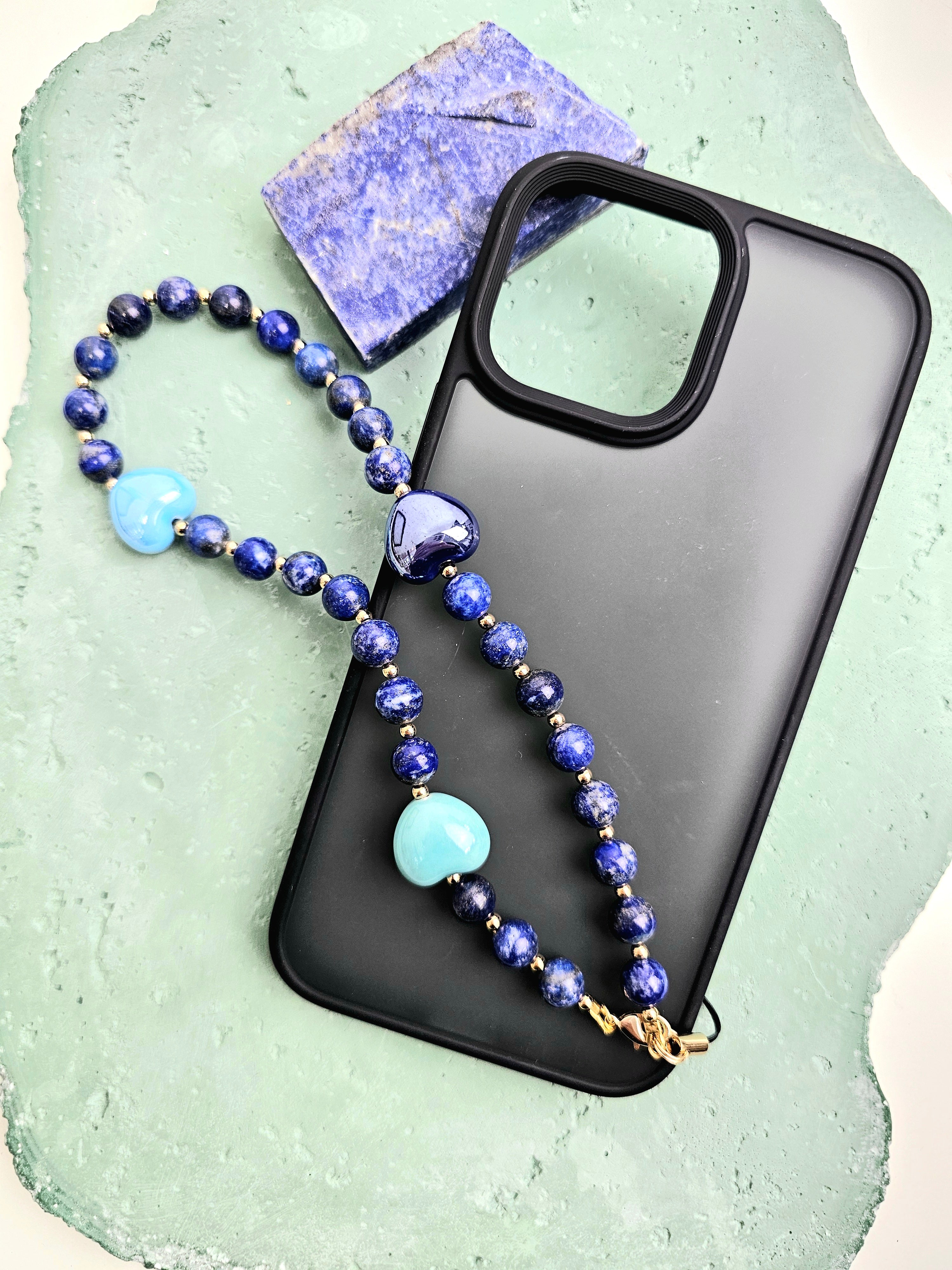 Elegant Lapis Lazuli & Blue Ceramic Heart Phone Strap - Handmade Jewelry Accessory for iPhone Samsung - Perfect Gift for Valentines Day & Everyday Use