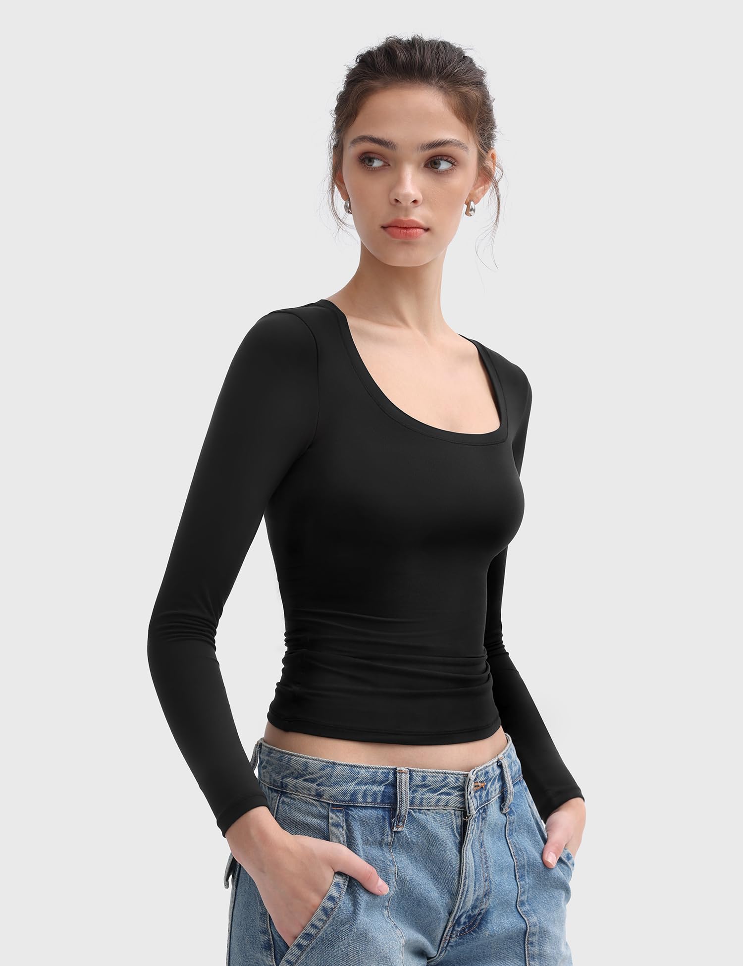 PUMIEY Women's Long Sleeve Scoop Neck Slim Fit T-Shirt - Double Lined Basic Tee Top for Casual Wear & Going Out - Smoke Cloud Collection - Perfect for Office, Date Night and Weekend Outings