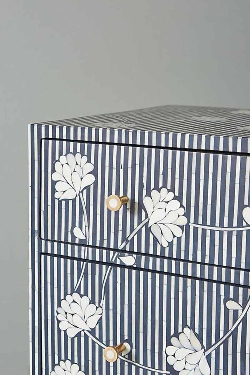 Handmade Bone Inlay Dresser with Floral Design - 3 Drawer Navy Blue Chest with Brass Stand - Perfect for Bedroom, Living Room & Home Decor Storage