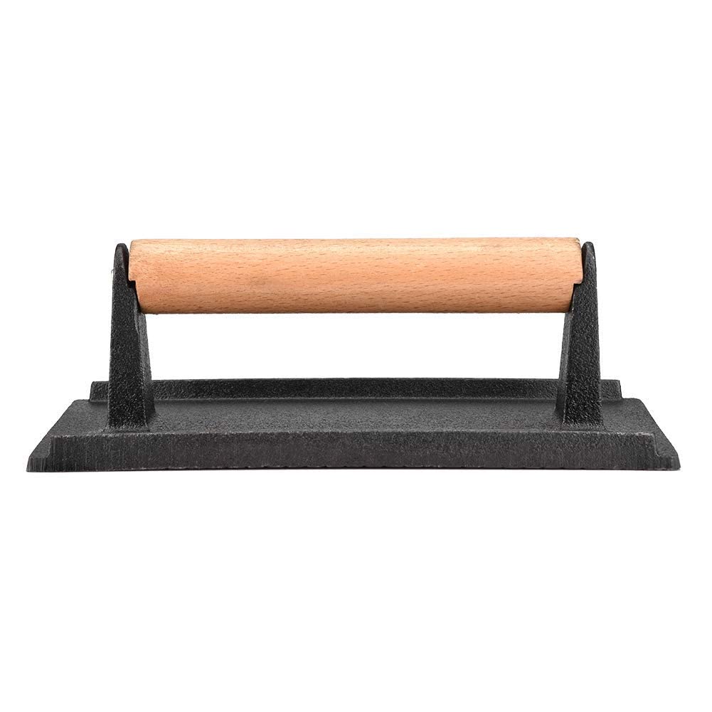 Heavy-Duty Cast Iron Grill Press - 8.1 x 4.1 x 2.8 Inch Non-Stick Steak & Bacon Press with Wooden Handle - Perfect for Hamburgers, Sandwiches & BBQ - Ideal for Grilling, Panini Pressing & Patty Making