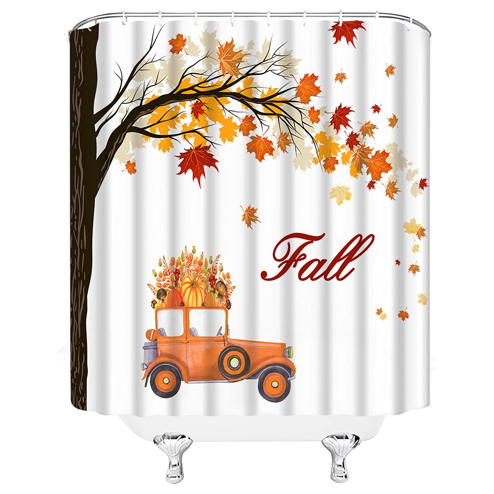 Autumn Maple Leaves Shower Curtain - Farmhouse Thanksgiving Decor with Pumpkin & Truck Design, 70x70 Inches Bathroom Set Includes Hooks | Perfect for Fall Season, Farmhouse Style Bathrooms & Cozy Home Decor