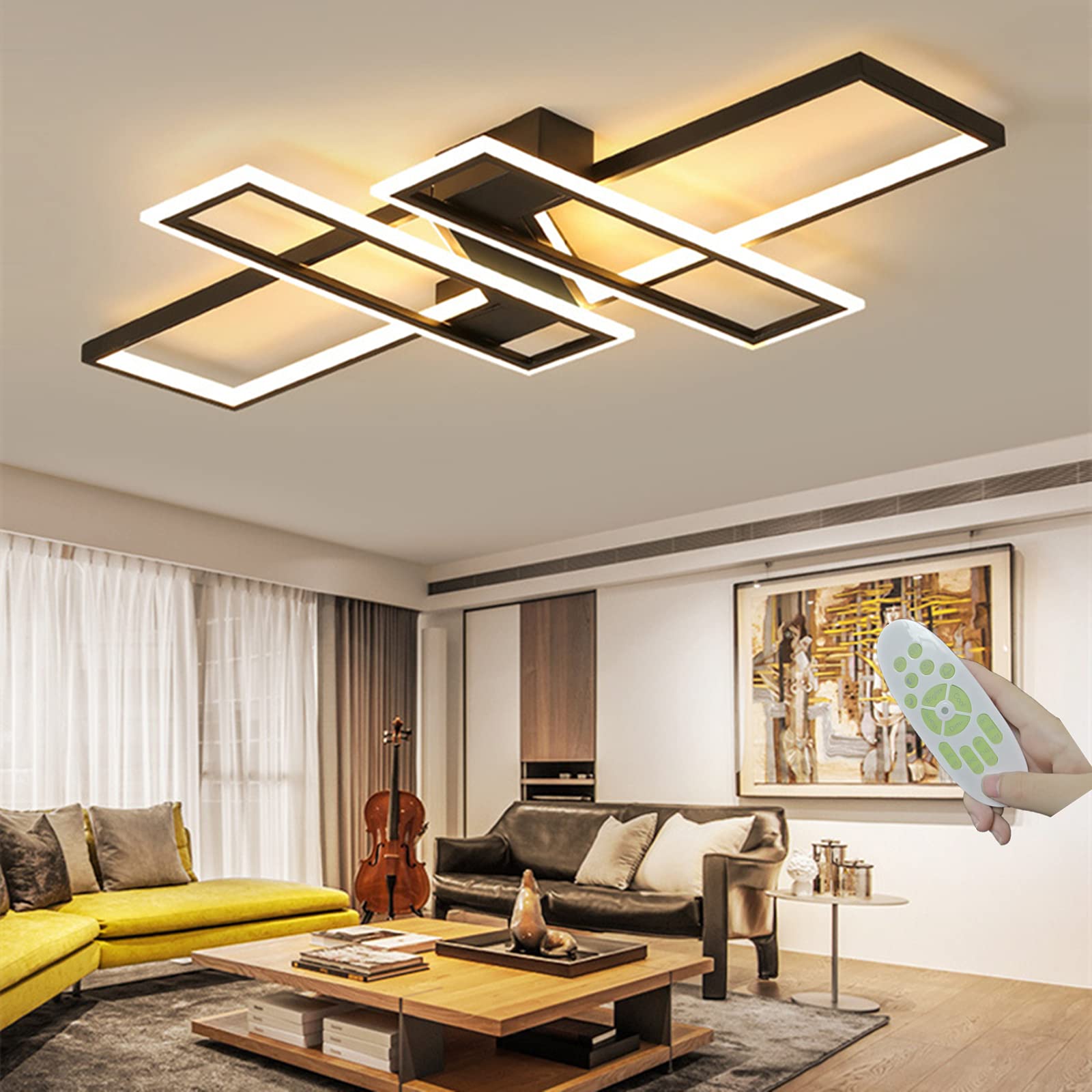 47.2 Inch Modern LED Ceiling Light Fixture - 116W Black Dimmable Chandelier with Remote Control, Rectangular Flush Mount Geometric Lighting for Dining Room, Bedroom & Living Room | Energy-Efficient Home & Office Decor