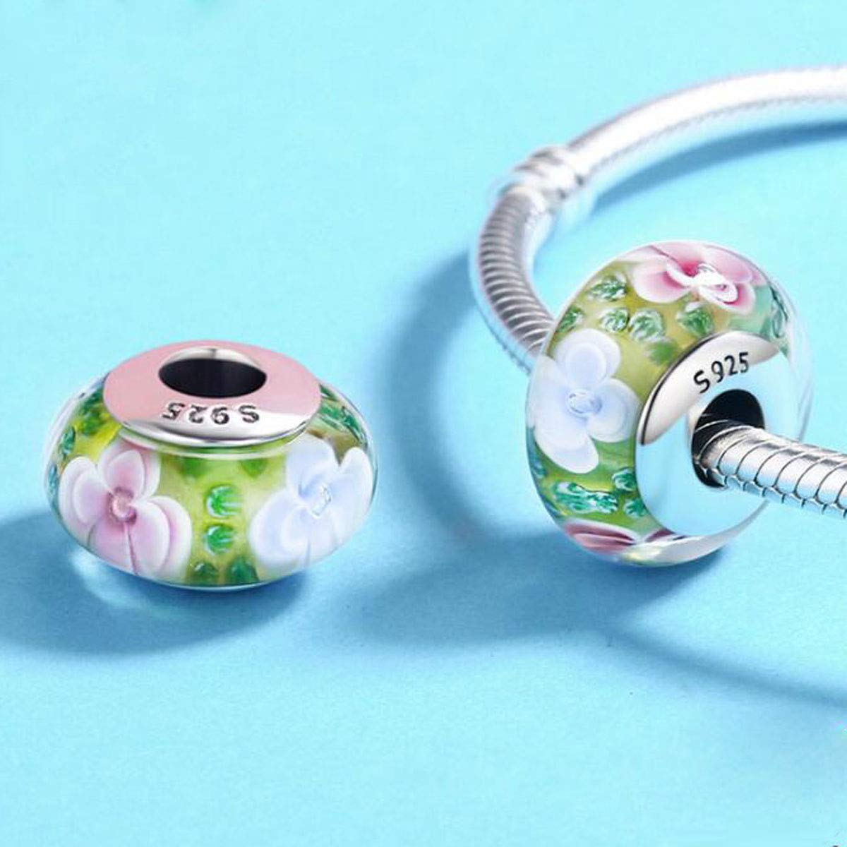 Authentic Murano Glass Beads with 925 Sterling Silver Core - Blue Bubbles & Pink Flowers Charms for Pandora Bracelets | Handmade Italian Glass Jewelry for Women's DIY Bracelet Making & Gift Giving (Z073)