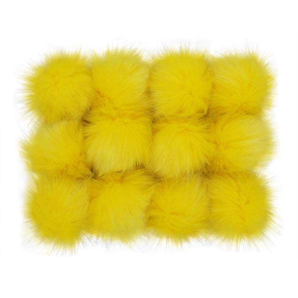 Fluffy Faux Fur Pom Pom Balls for Knitting - 12 Pack Yellow 3.9 Inch Artificial Pompoms with Elastic Cord - Perfect for Hats, Scarves, Gloves, Bags & DIY Craft Accessories - Great for Winter Fashion & Handmade Gift Projects