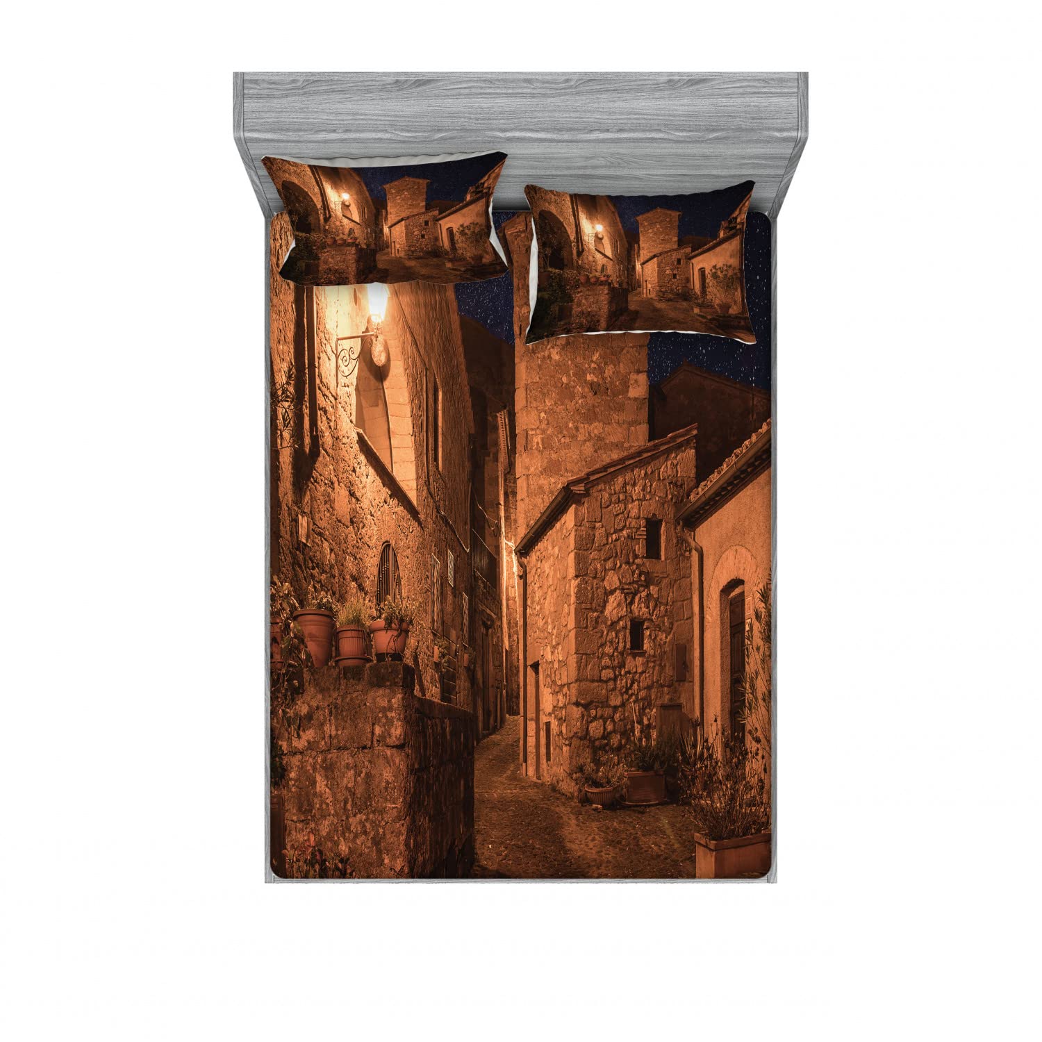 Ambesonne Vintage 2-Piece Full Size Fitted Sheet Set with 4 Pillow Shams - Medieval Town Street Design, Tan Bedding Collection for Cozy Home Decor | Perfect for Guest Rooms, Dormitories & Themed Bedrooms