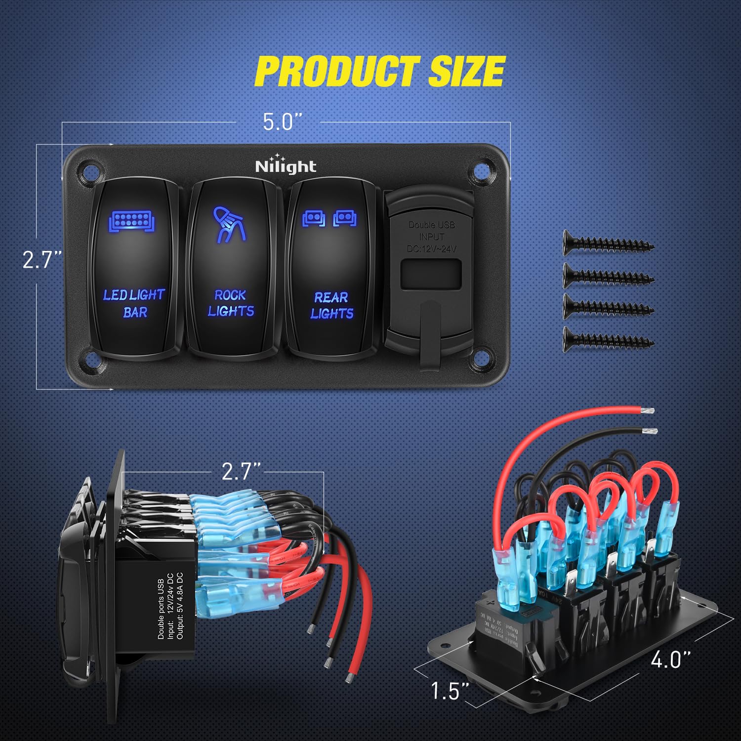 3 Gang LED Light Bar Rocker Switch Panel with Voltmeter - 5 Pin ON/Off Control for Off-Road Lights, Rear Lights & Rock Lights - Includes PD Type C & USB Charger - Perfect for Trucks, Jeeps, ATVs & Marine Applications