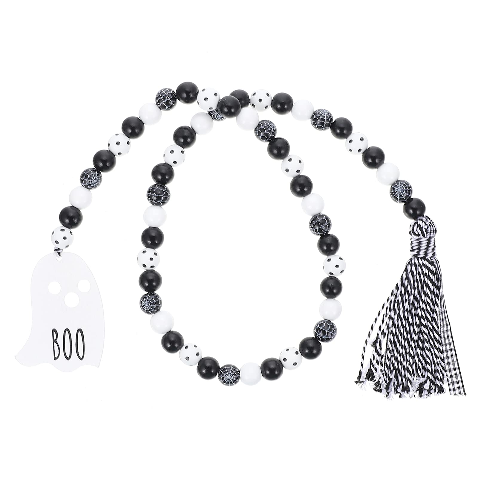 LUOZZY Halloween Wood Bead Garland with Tassels & Boo Tag - Prayer Bead Garland for Vase, Tiered Tray, Wall Decor - White Home Decoration for Halloween Party, Fall Festival & Spooky Home Décor