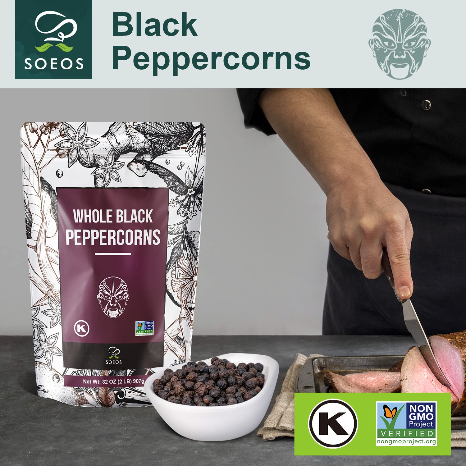 Premium Soeos Whole Black Peppercorns 32oz - Non-GMO, Kosher Certified, Freshness-Sealed Packaging - Perfect for Pepper Grinder Refill & Gourmet Cooking - Ideal for Steaks, Salads, Soups & Home Kitchen Use