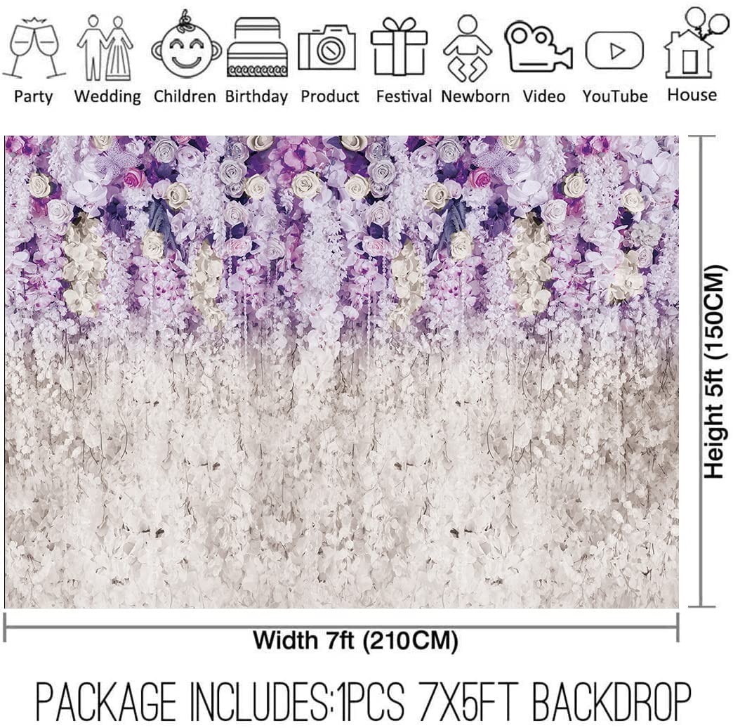 Purple and White Floral Vinyl Photography Backdrop - 7x5ft Wedding Bridal Shower Baby Shower Birthday Party Decor for Cake Table, Baby Girls, Women & Moms (DLA113B) - Perfect for Indoor Events, Photo Booths & Social Media Backgrounds