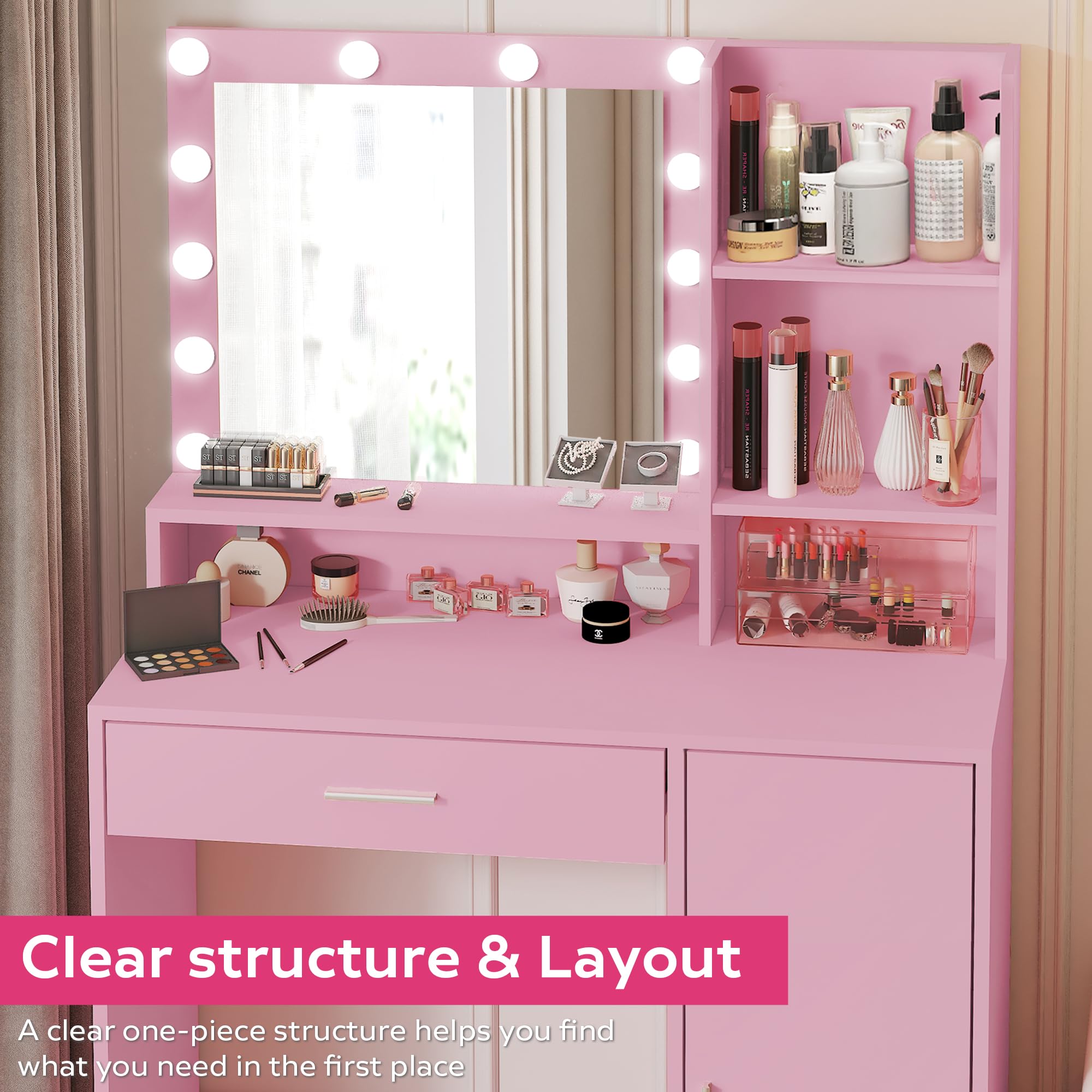 Vanity Desk with Mirror and Light - Large Drawer & 3-Tier Storage Dresser, 3 Adjustable Lighting Modes, Pink Makeup Dressing Table for Bedroom | Perfect for Makeup, Skincare & Jewelry Organization