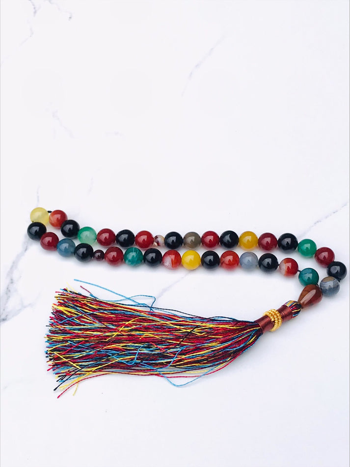Authentic Multi Aqeeq Stones Tasbih - 100 Small Beads Islamic Prayer Rosary | Perfect for Daily Dhikr, Meditation & Spiritual Protection