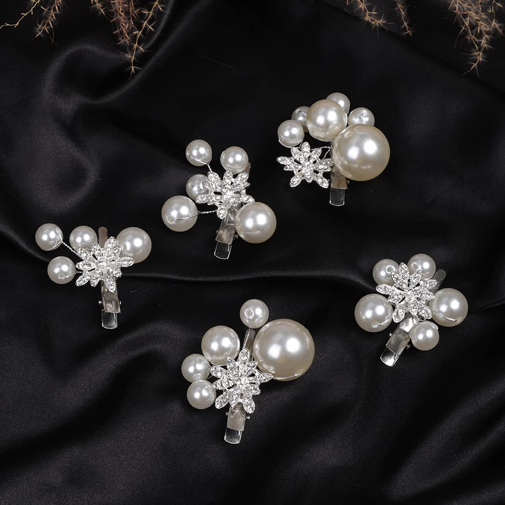 Jumwrit Pearl Rhinestone Bridal Hair Clips - 5PCS Handmade Crystal Wedding Hairpins for Women & Girls | Silver Floral Hair Accessories for Bride & Bridesmaid | Perfect for Weddings, Prom, Parties & Special Occasions