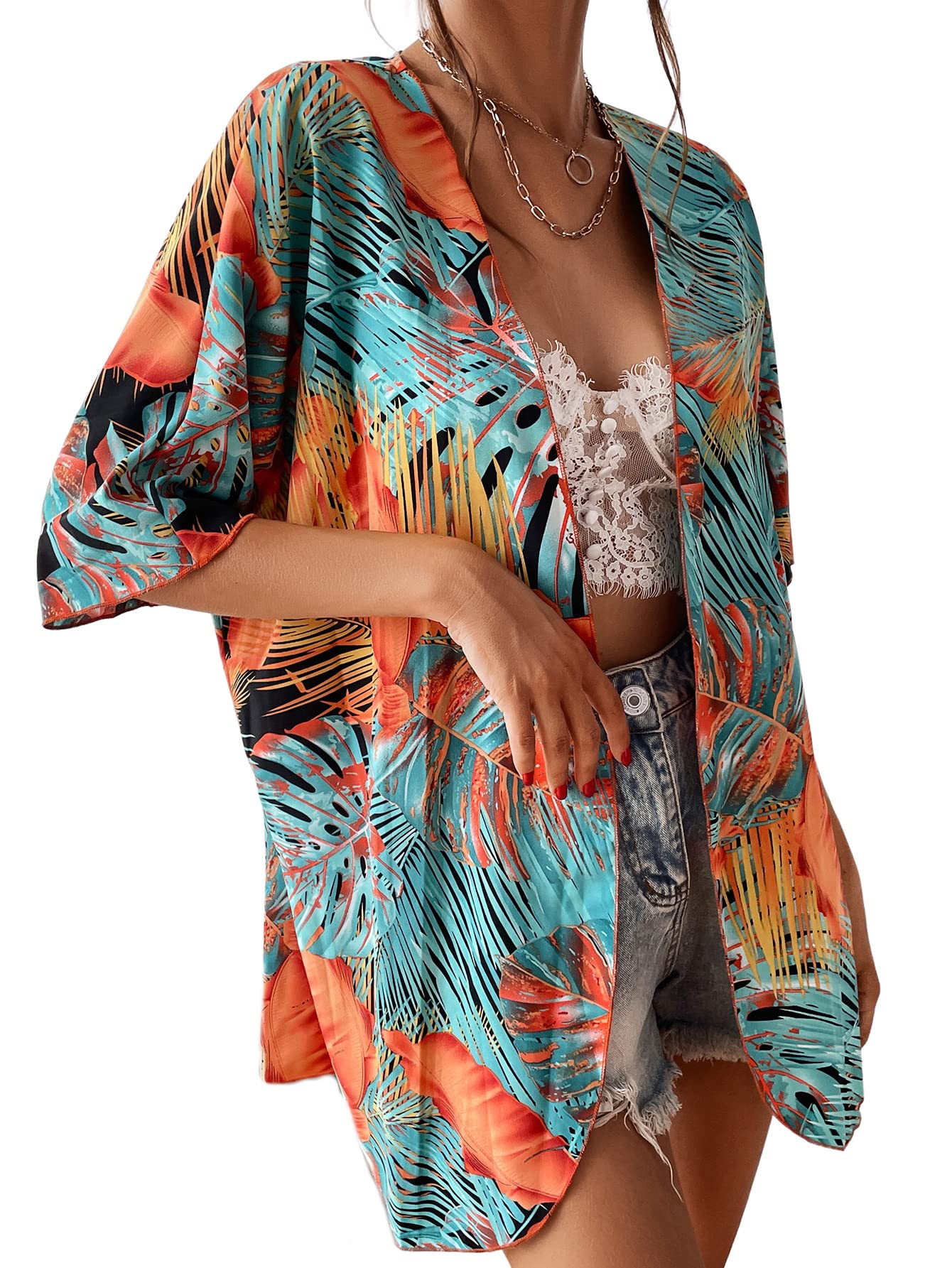 SOLY HUX Women's Tropical Print Open Front Half Sleeve Kimono Beach Cover Up - Lightweight Summer Cardigan for Pool, Vacation & Boho Outfits