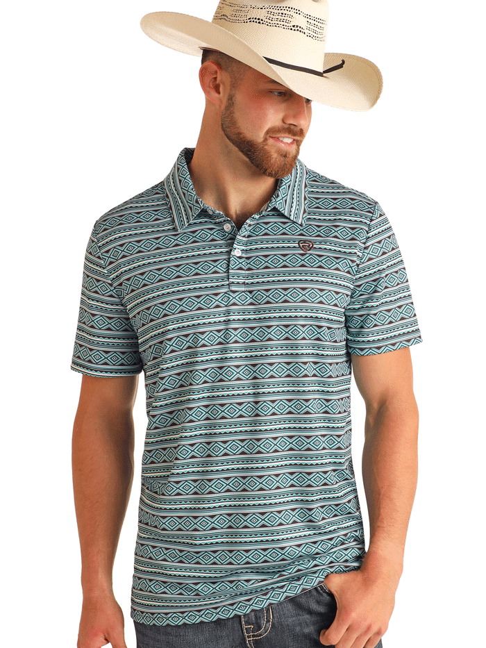 Rock & Roll Denim Men's Aztec Printed Polo Shirt - Teal Blue Casual Short Sleeve Top for Summer Streetwear & Music Festivals