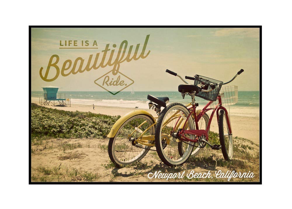 Newport Beach California Wall Art - Life is a Beautiful Ride Bicycle & Beach Scene Photograph - 36x24 Framed Gallery Wrapped Canvas - Perfect for Living Room, Bedroom & Coastal Decor