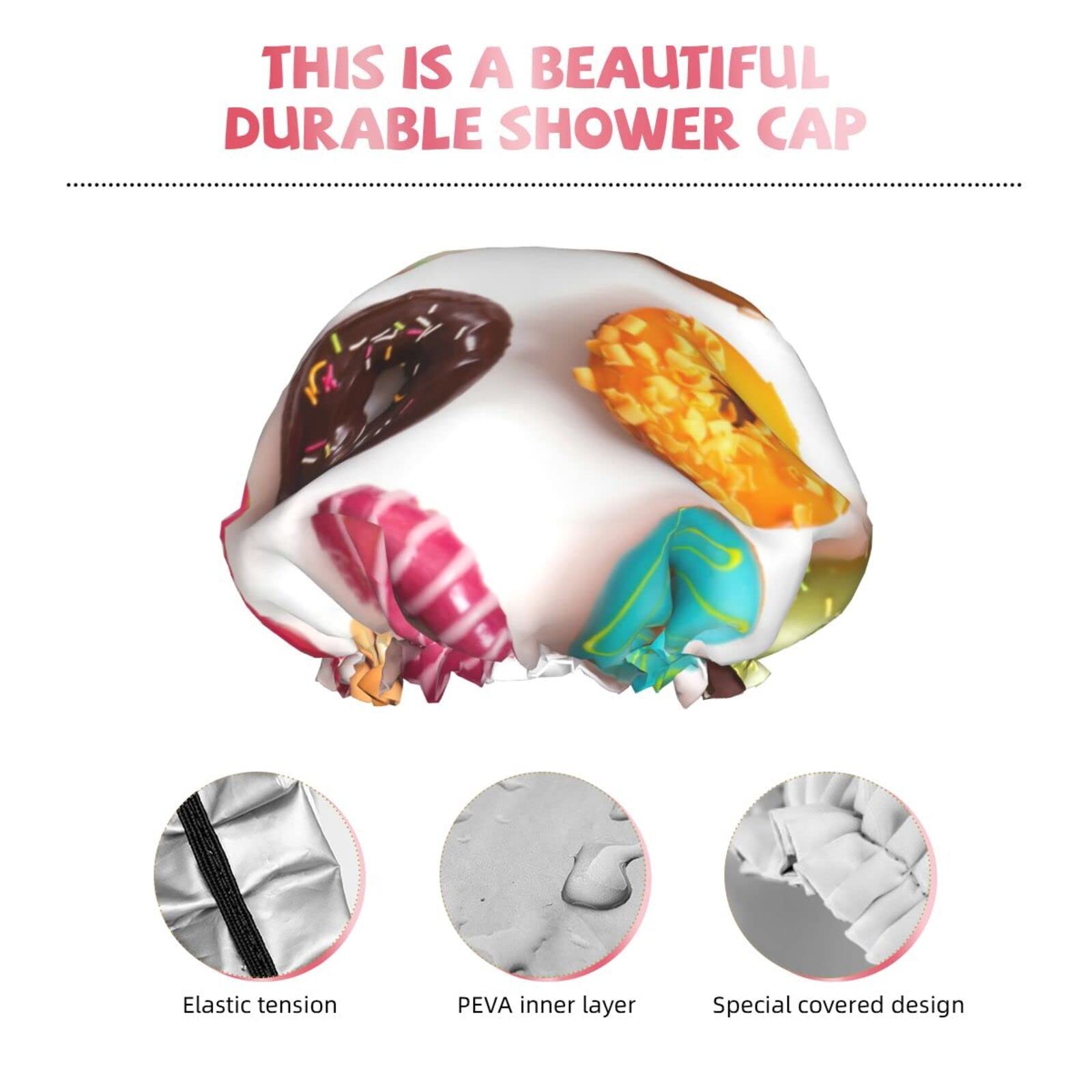 Different Flavors of Donuts Shower Cap for Women - Reusable & Double Waterproof Bathing Hair Cap for Shower - Perfect for Spa, Swimming, Hair Care & Beauty Routines