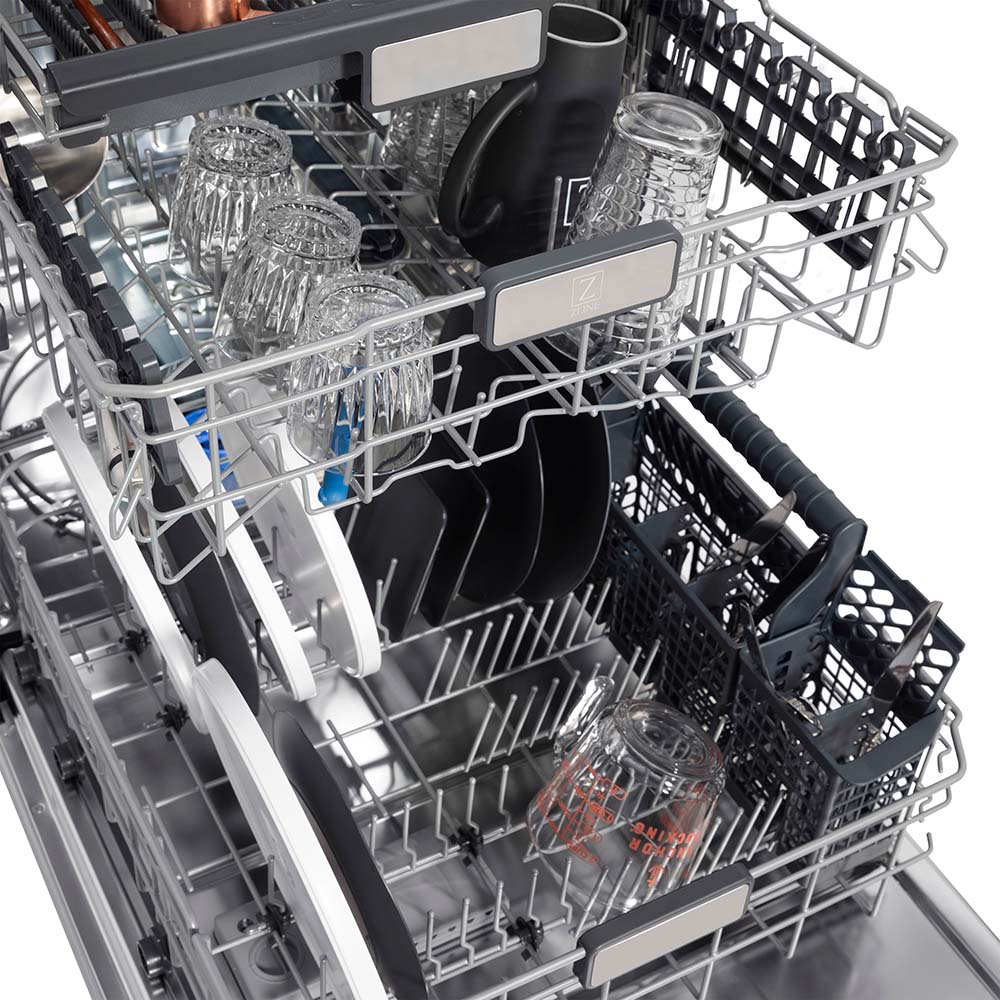 ZLINE Autograph Edition 24 Inch Stainless Steel Dishwasher with Polished Gold Handle - 3rd Rack, Top Touch Controls, 45dBA Ultra Quiet - Perfect for Modern Kitchens & Open Concept Homes (Model DWMTZ 304 24 G)
