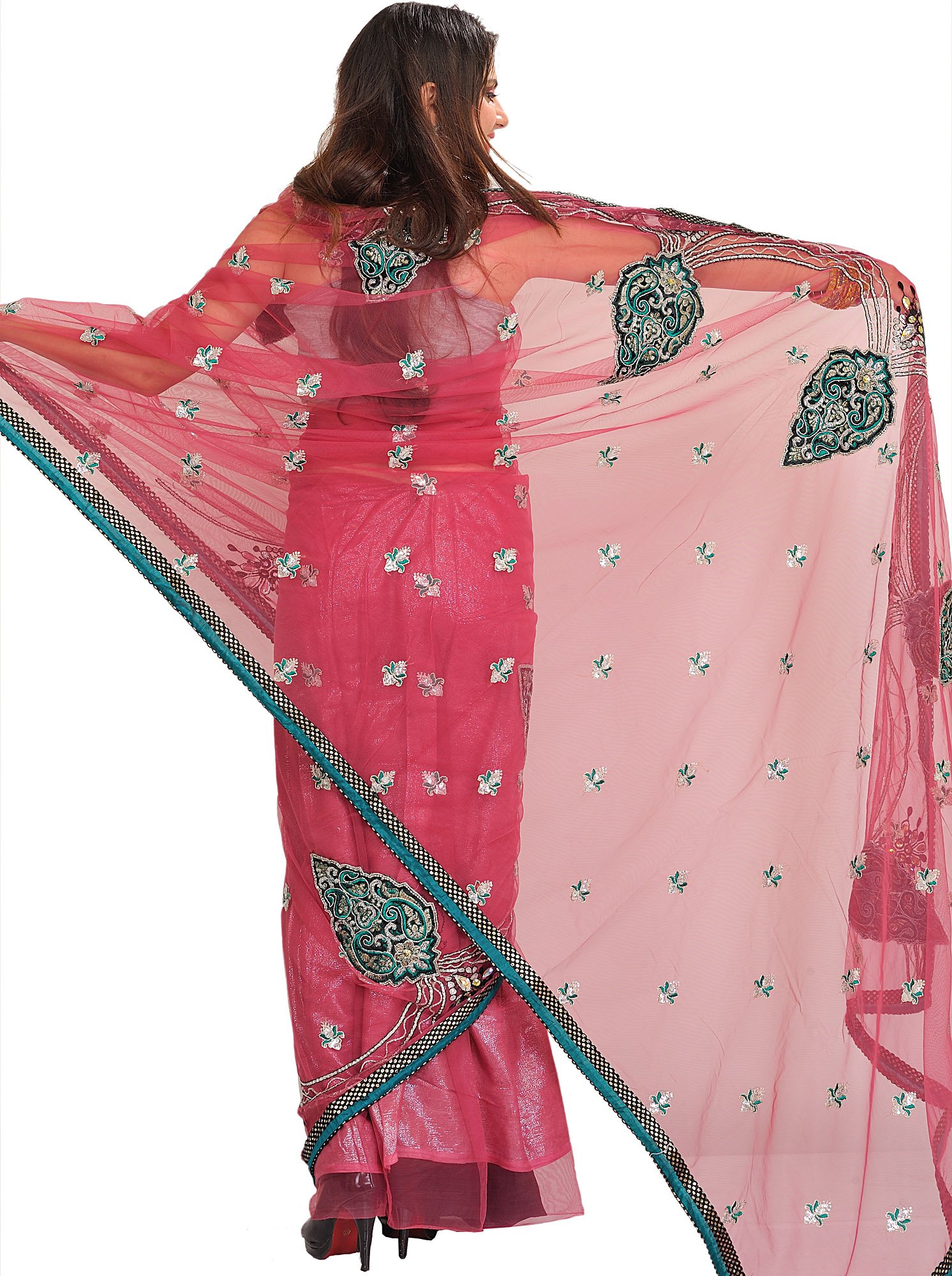 Elegant Pink Rose-Wine Wedding Sari with Embroidered Patches - Perfect for Bridal Shower, Mehendi & Reception Ceremonies