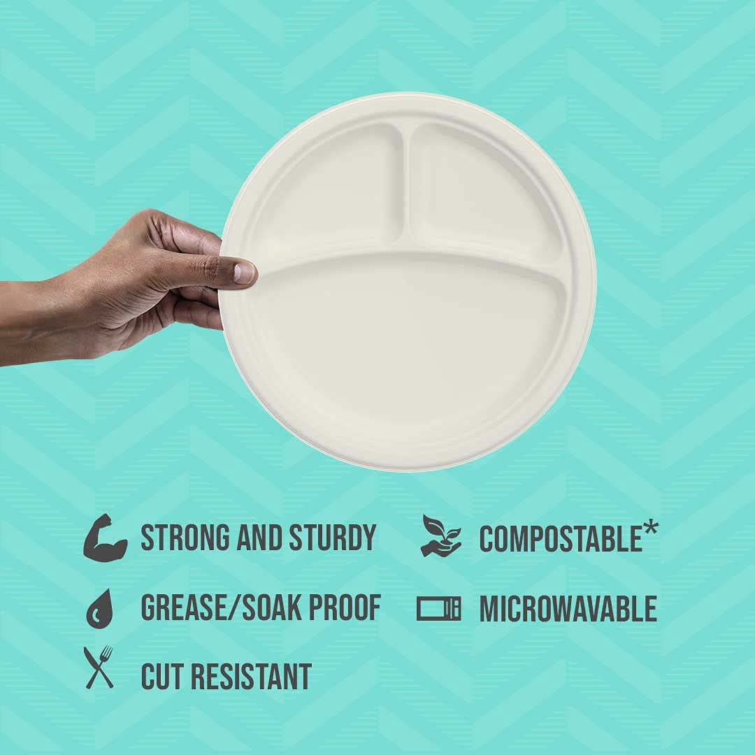 SOLO Bare Eco-Friendly 9-Inch Plant-Based Sugarcane Fiber Round Divided Plates (4 Packs of 125, 500 Plates Total) - Biodegradable Disposable Dinnerware for Parties, Picnics & Eco-Conscious Events